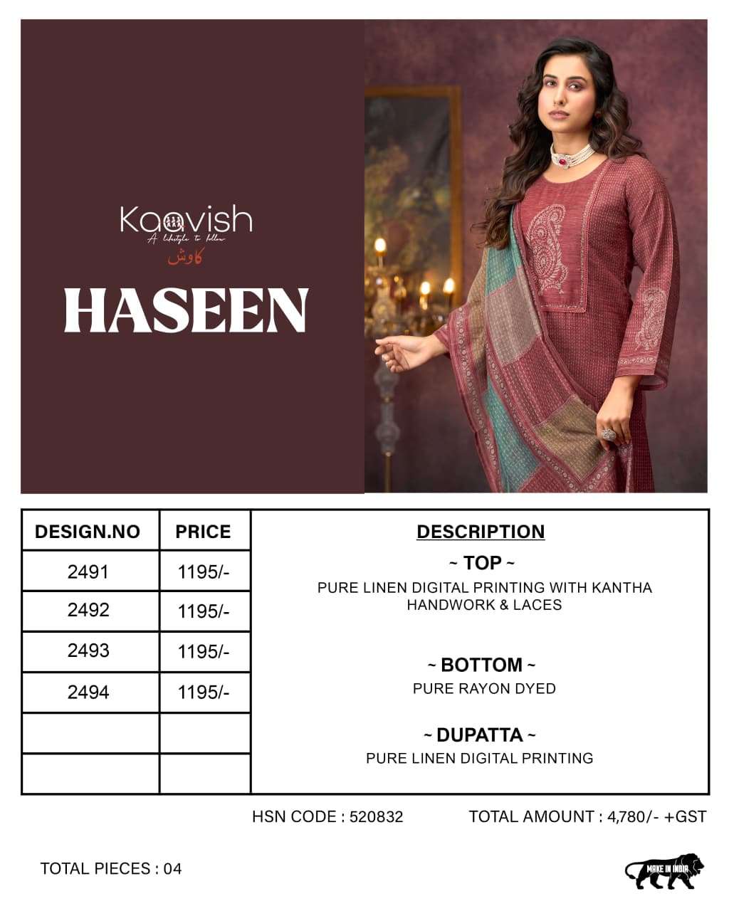 KAAVISH HASEEN LINEN COTTON DIGITAL PRINT WITH FANCY WORK SUIT