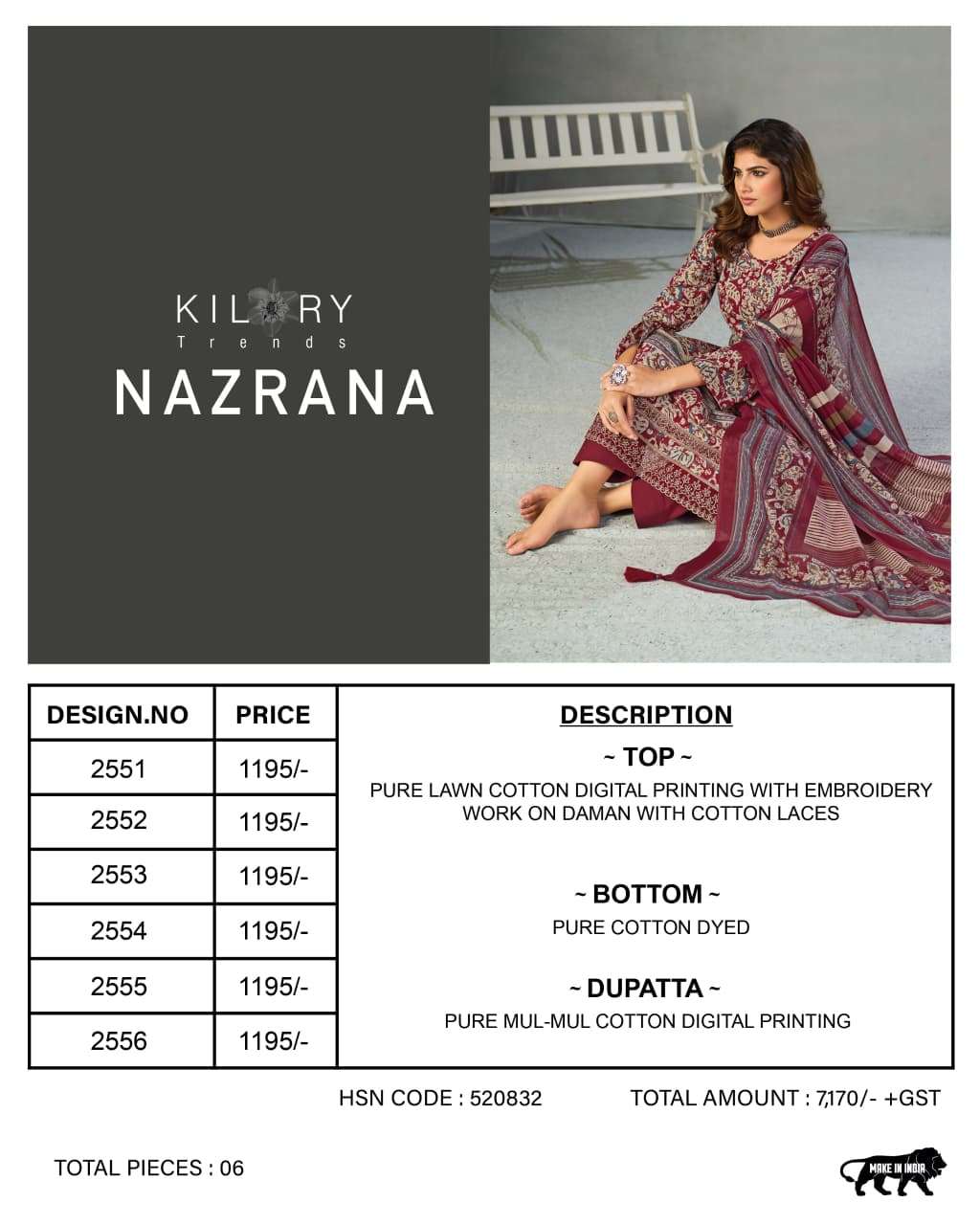 KILORY TRENDS NAZRANA  LAWN COTTON DIGITAL PRINT WITH EMBROIDERY WORK SUIT