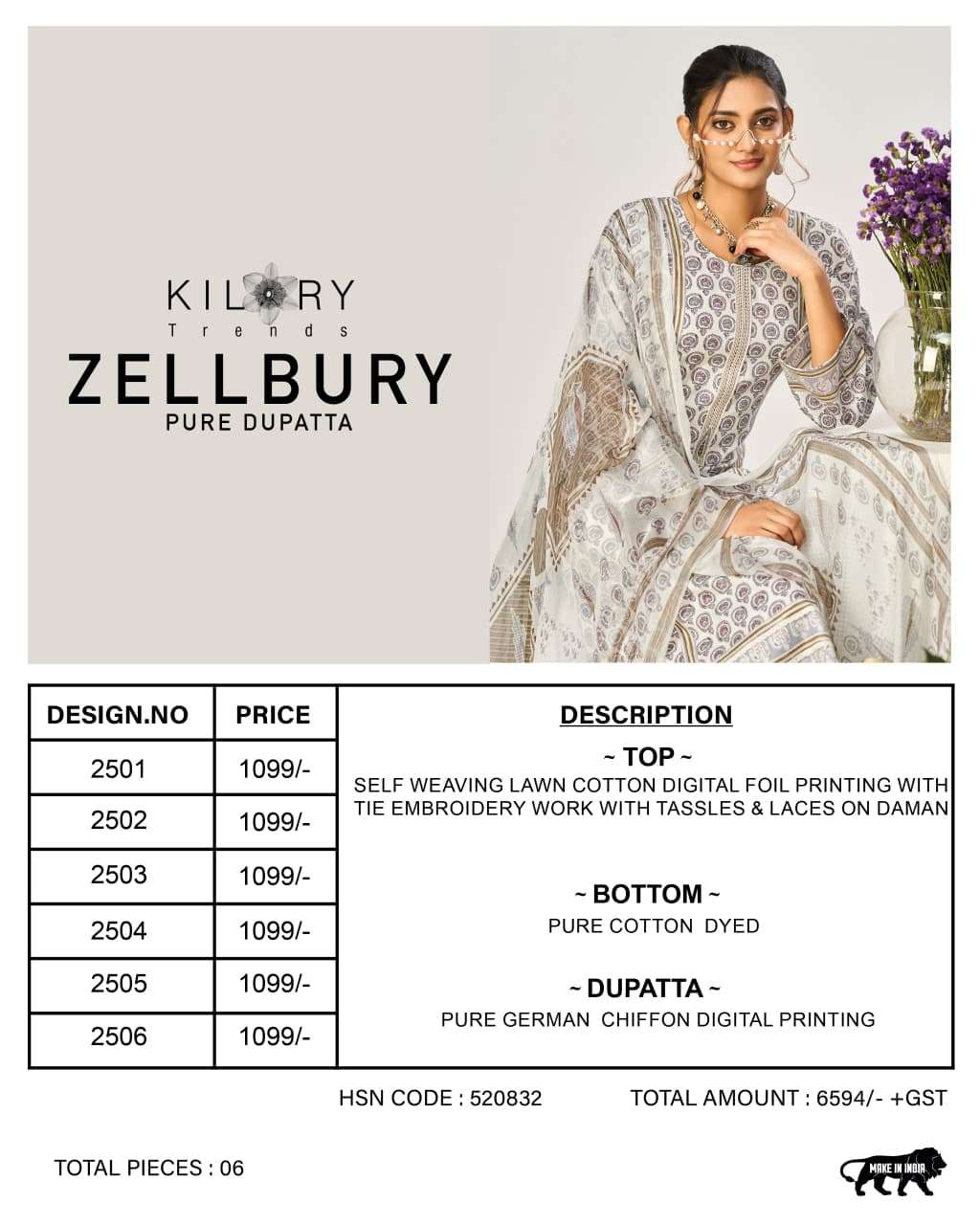 KILORY  TRENDS ZELLBURI LAWN COTTON DIGITAL PRINT WITH EMBROIDERY WORK SUITS 