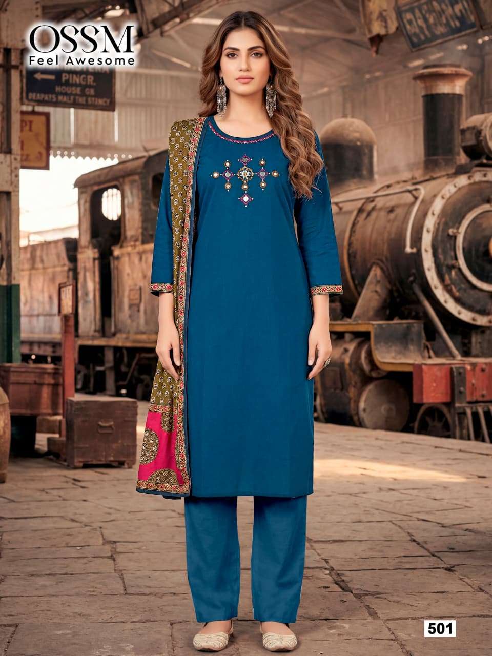 OSSM MALHAR VOL 5 COTTON FANCY EMBROIDERY WORK LADIES KURTI BOTTOM AND DUPATTA SET 