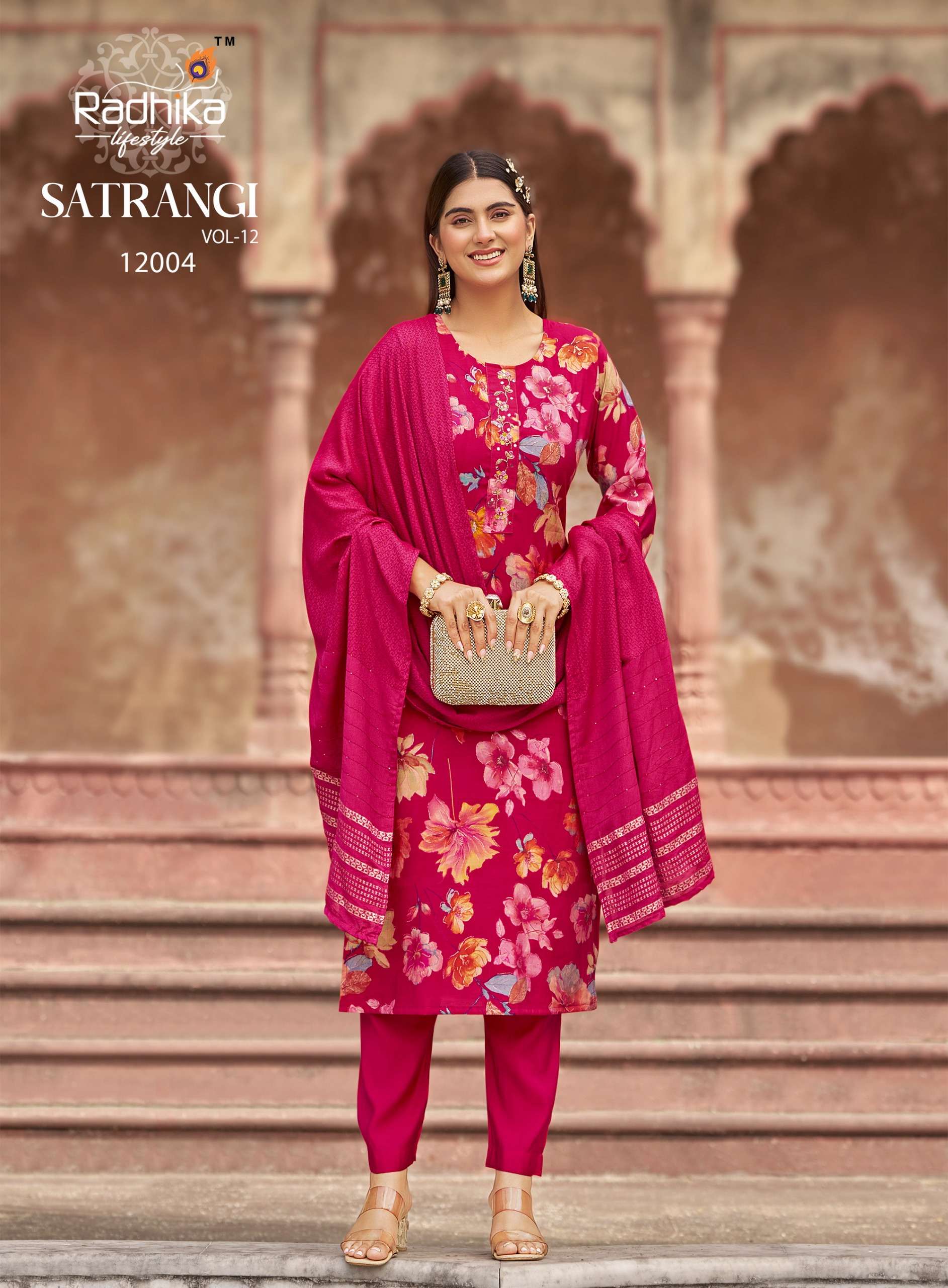 RADHIKA LIFE STYLE SATRANGI VOL 12 ROMAN SILK PRINT WITH FANCY KURTI PANT WITH DUPATTA SET 