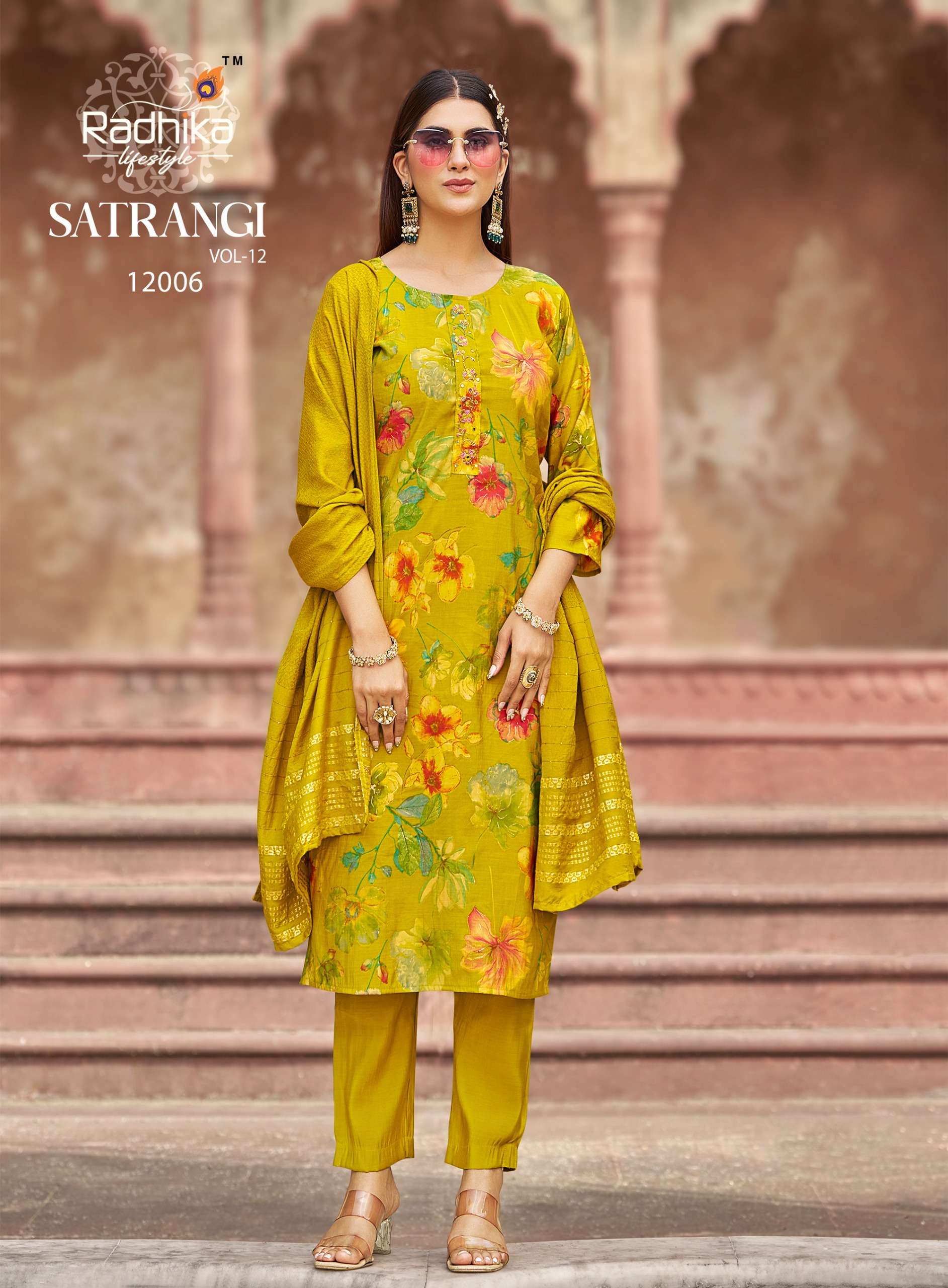 RADHIKA LIFE STYLE SATRANGI VOL 12 ROMAN SILK PRINT WITH FANCY KURTI PANT WITH DUPATTA SET 