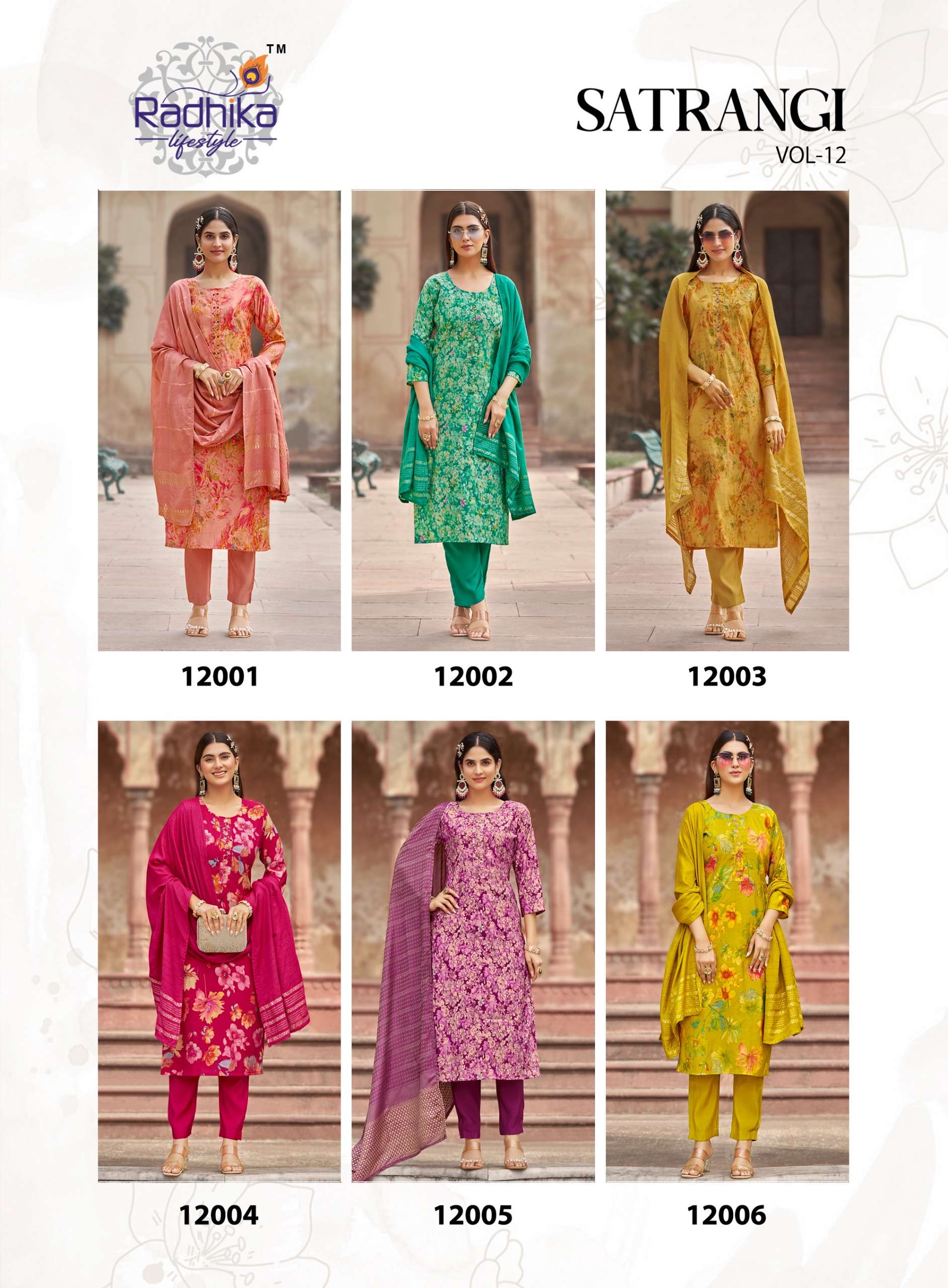RADHIKA LIFE STYLE SATRANGI VOL 12 ROMAN SILK PRINT WITH FANCY KURTI PANT WITH DUPATTA SET 