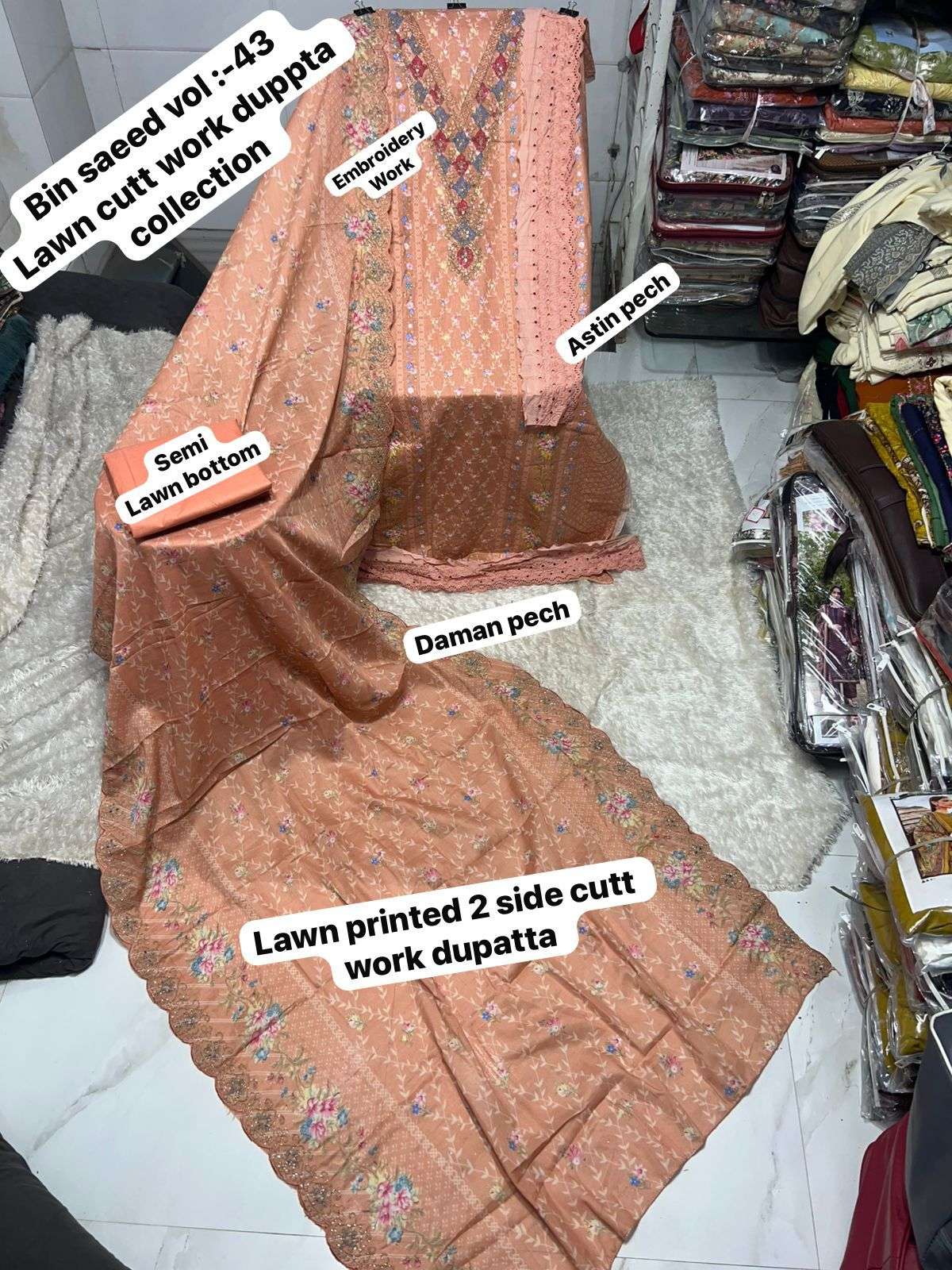 SAPPHIRE BIN SAEED VOL 43 LAWN COTTON PRINTED WITH EMBROIDERY WORK SALWAR KAMEEZ 
