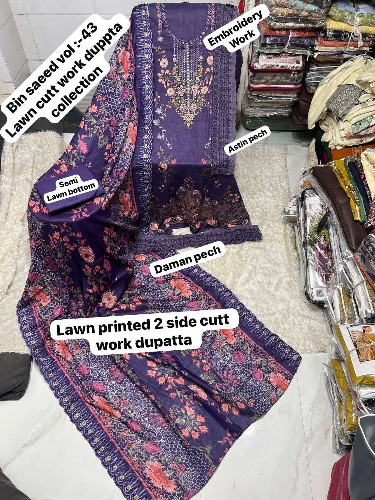 SAPPHIRE BIN SAEED VOL 43 LAWN COTTON PRINTED WITH EMBROIDERY WORK SALWAR KAMEEZ 