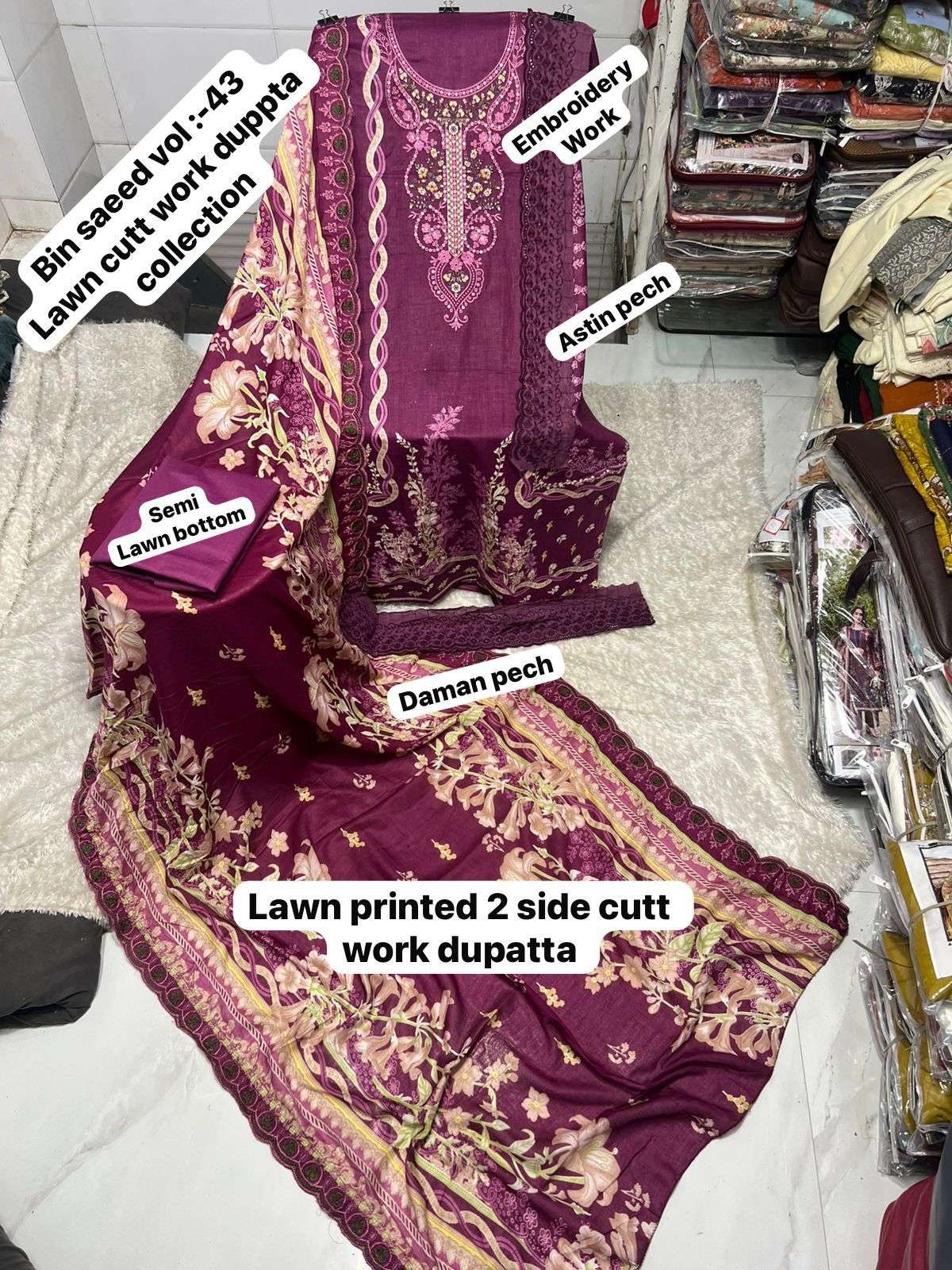 SAPPHIRE BIN SAEED VOL 43 LAWN COTTON PRINTED WITH EMBROIDERY WORK SALWAR KAMEEZ 