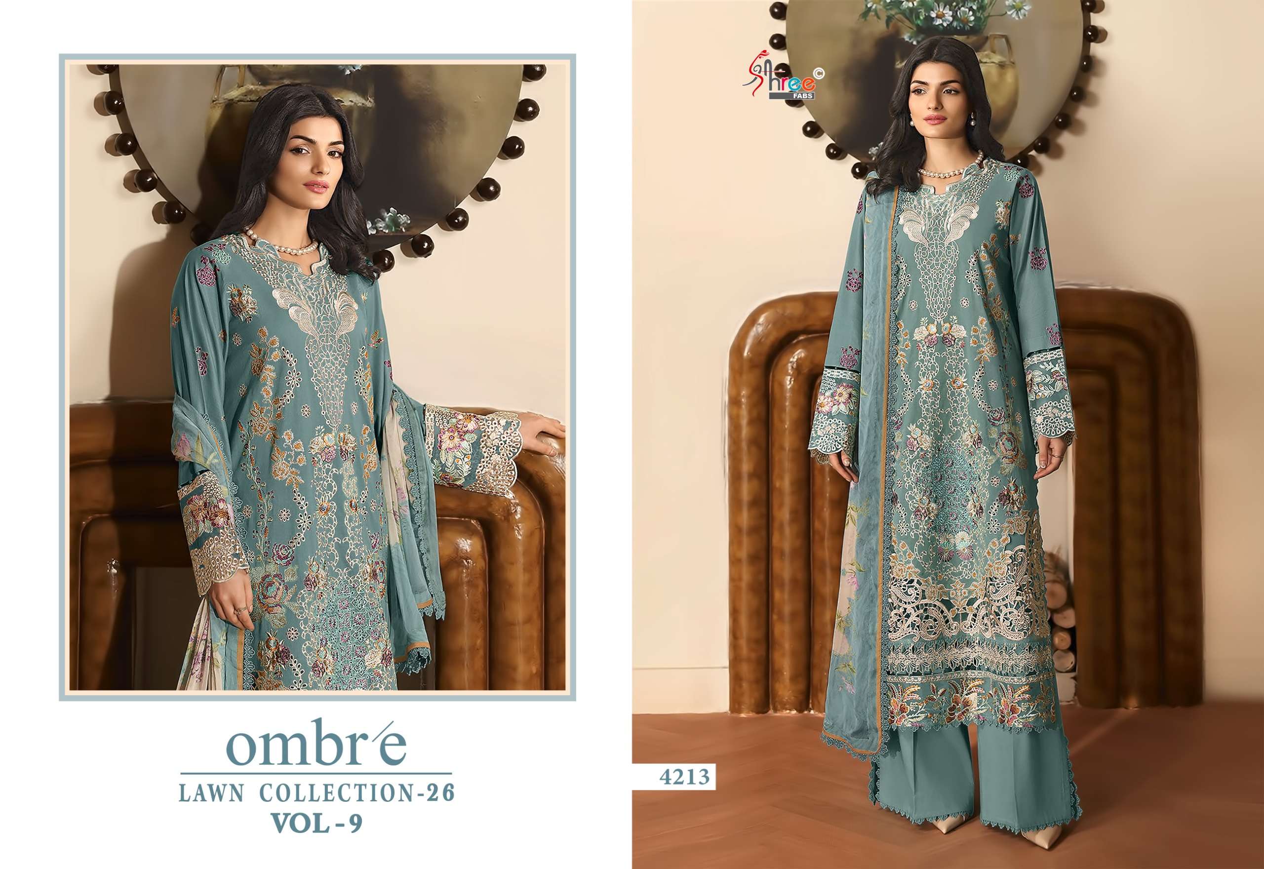 SHREE FABS OMBRE LAWN COLLECTION VOL 9 COTTON HEAVY EMBROIDERY WORK PAKISTANI SUIT	