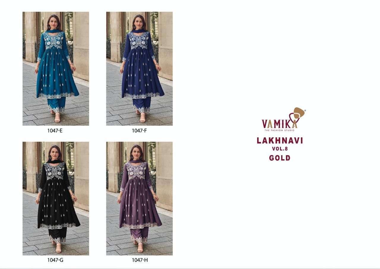 VAMIKA LAKHNAVI VOL 8 GOLD RAYON FANCY WORKS LADIES 3PCS SET COLLECTION 