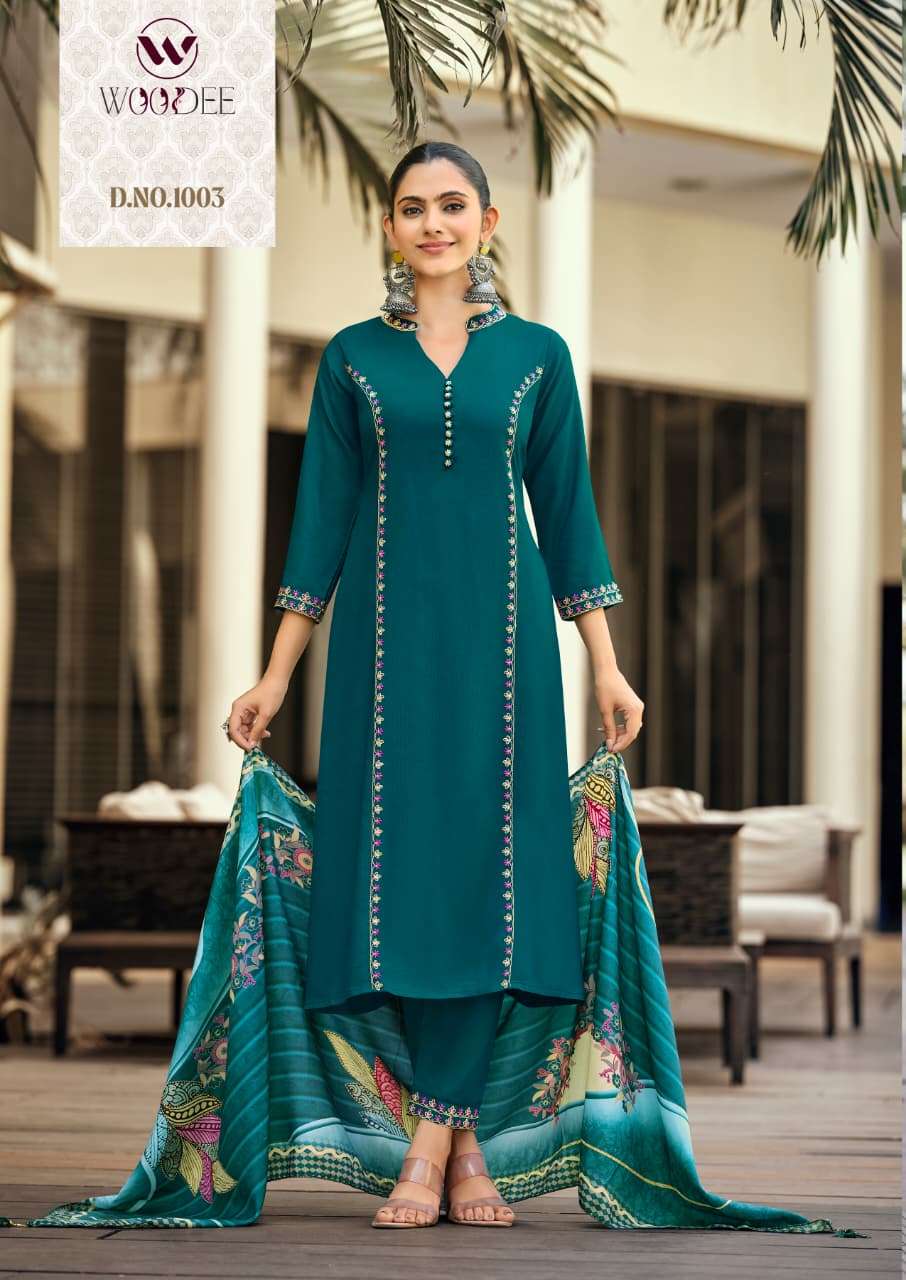 WOODEE PRACHI RAYON FANCY EMBROIDERY WORK LADIES 3PCS SET COLLECTION 