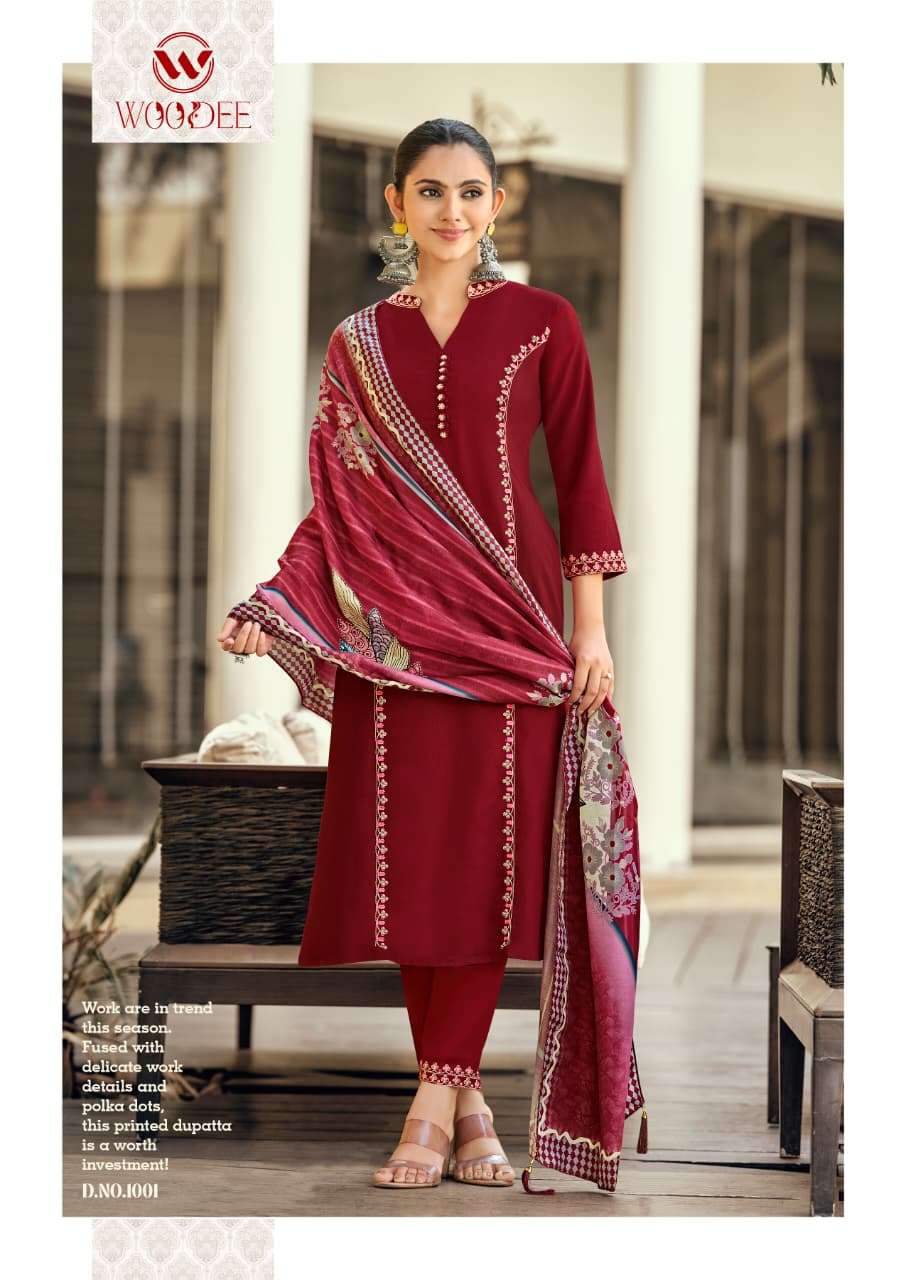 WOODEE PRACHI RAYON FANCY EMBROIDERY WORK LADIES 3PCS SET COLLECTION 
