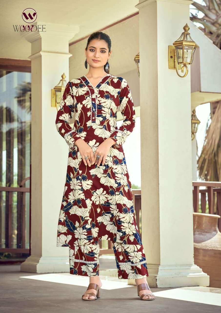 WOODEE SHAKIRA VOL 3 RAYON FANCY A LINE PATTERN KURTI WITH PANT SET