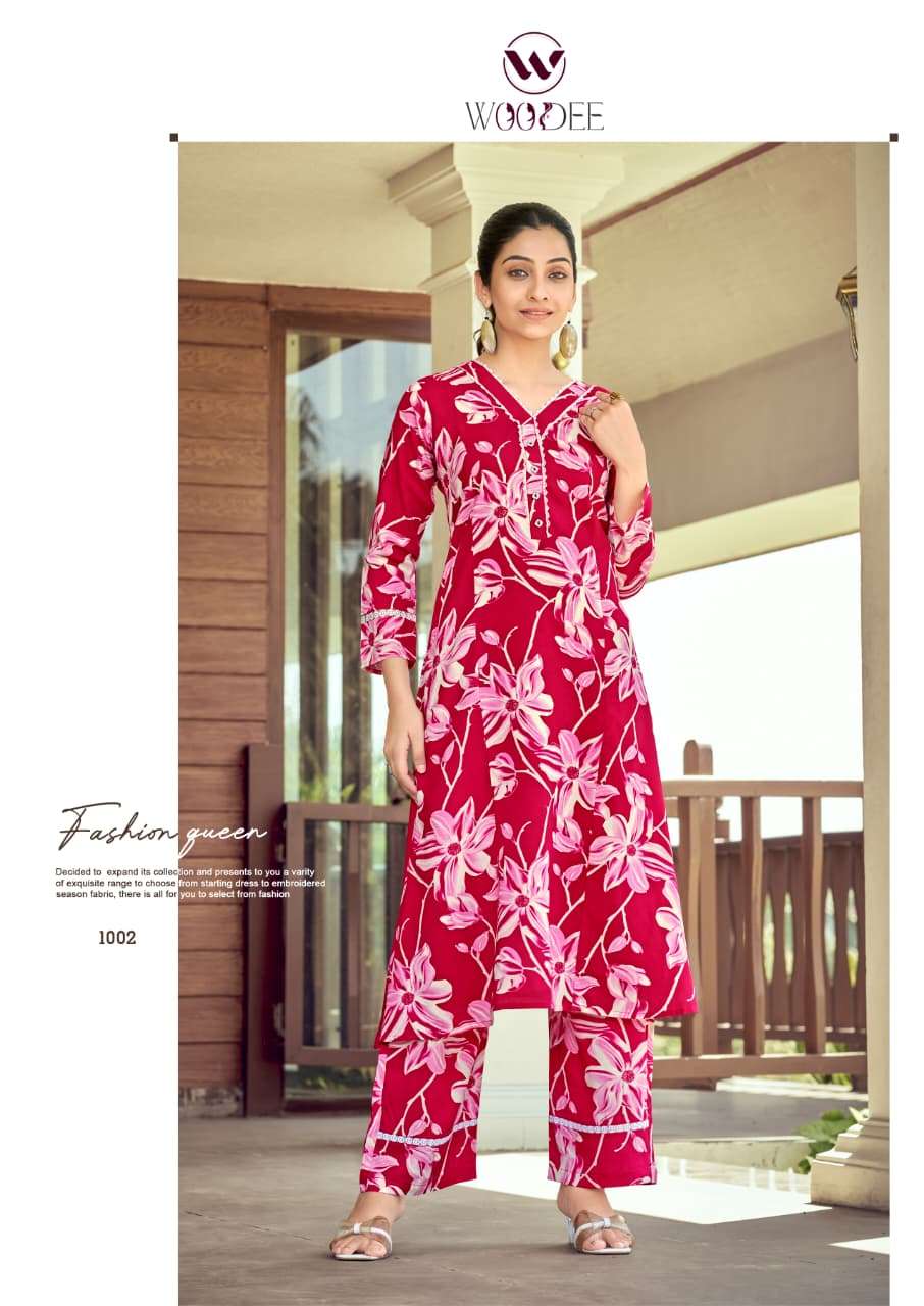 WOODEE SHAKIRA VOL 3 RAYON FANCY A LINE PATTERN KURTI WITH PANT SET