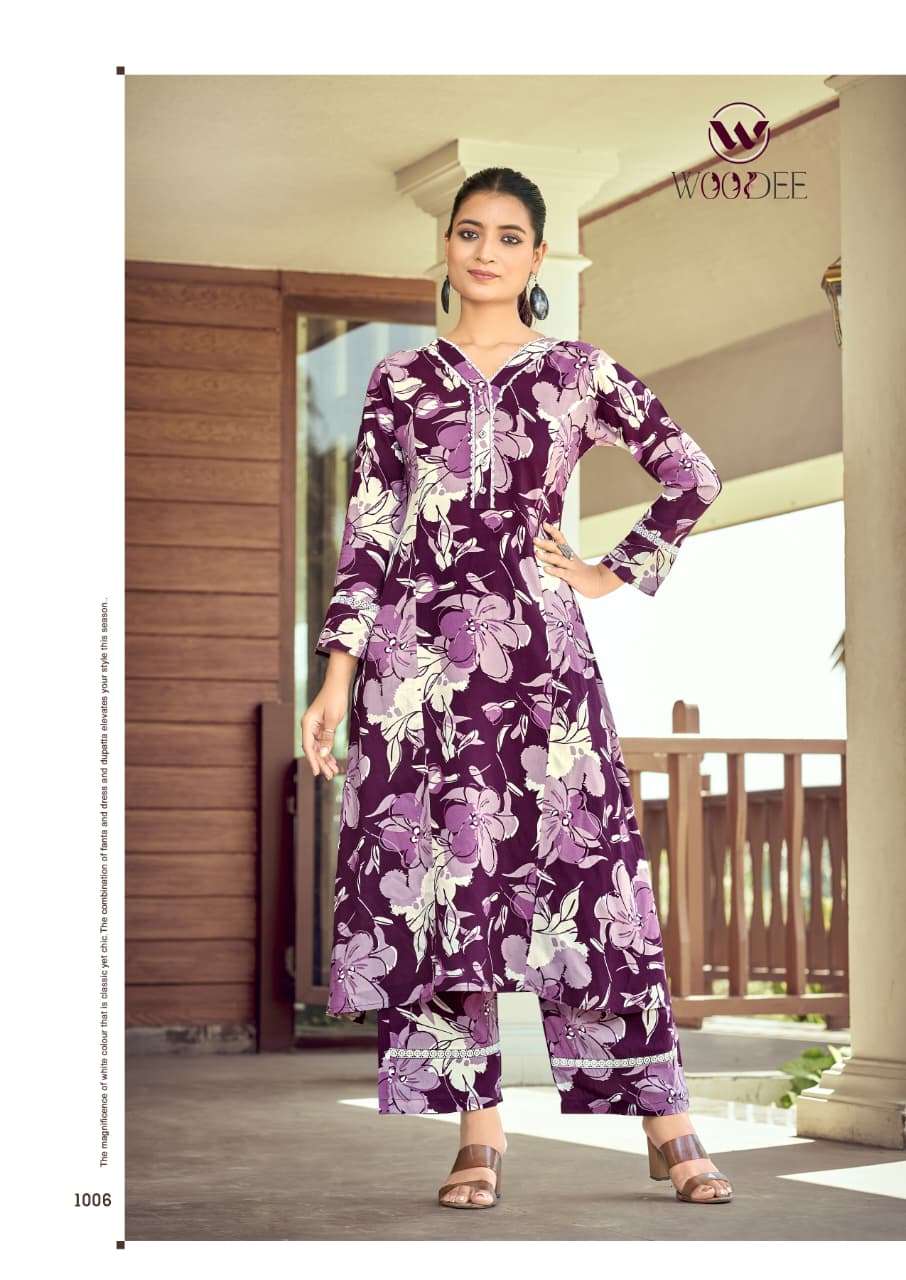 WOODEE SHAKIRA VOL 3 RAYON FANCY A LINE PATTERN KURTI WITH PANT SET