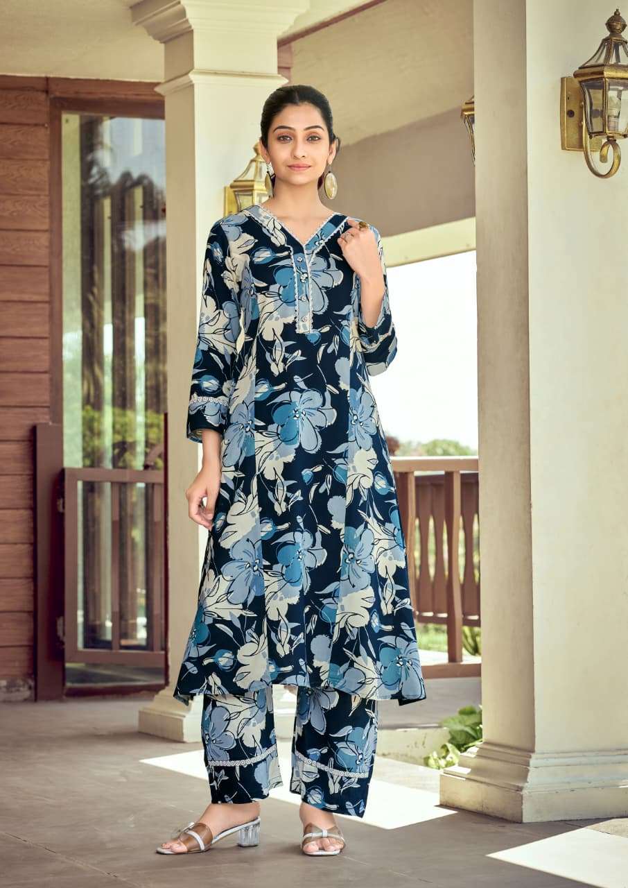 WOODEE SHAKIRA VOL 3 RAYON FANCY A LINE PATTERN KURTI WITH PANT SET