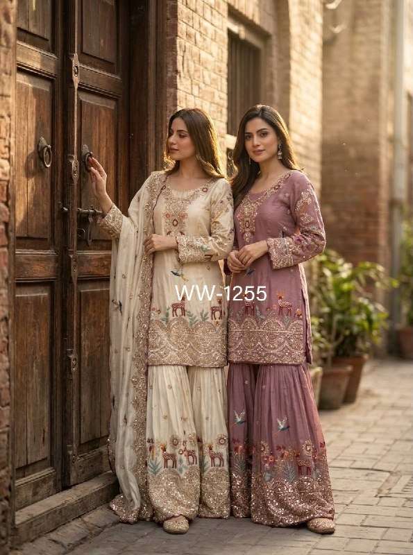 WW 1255 SILK HEAVY EMBROIDERD DESIGNER FESTIVE WEAR SHARARA SUIT
