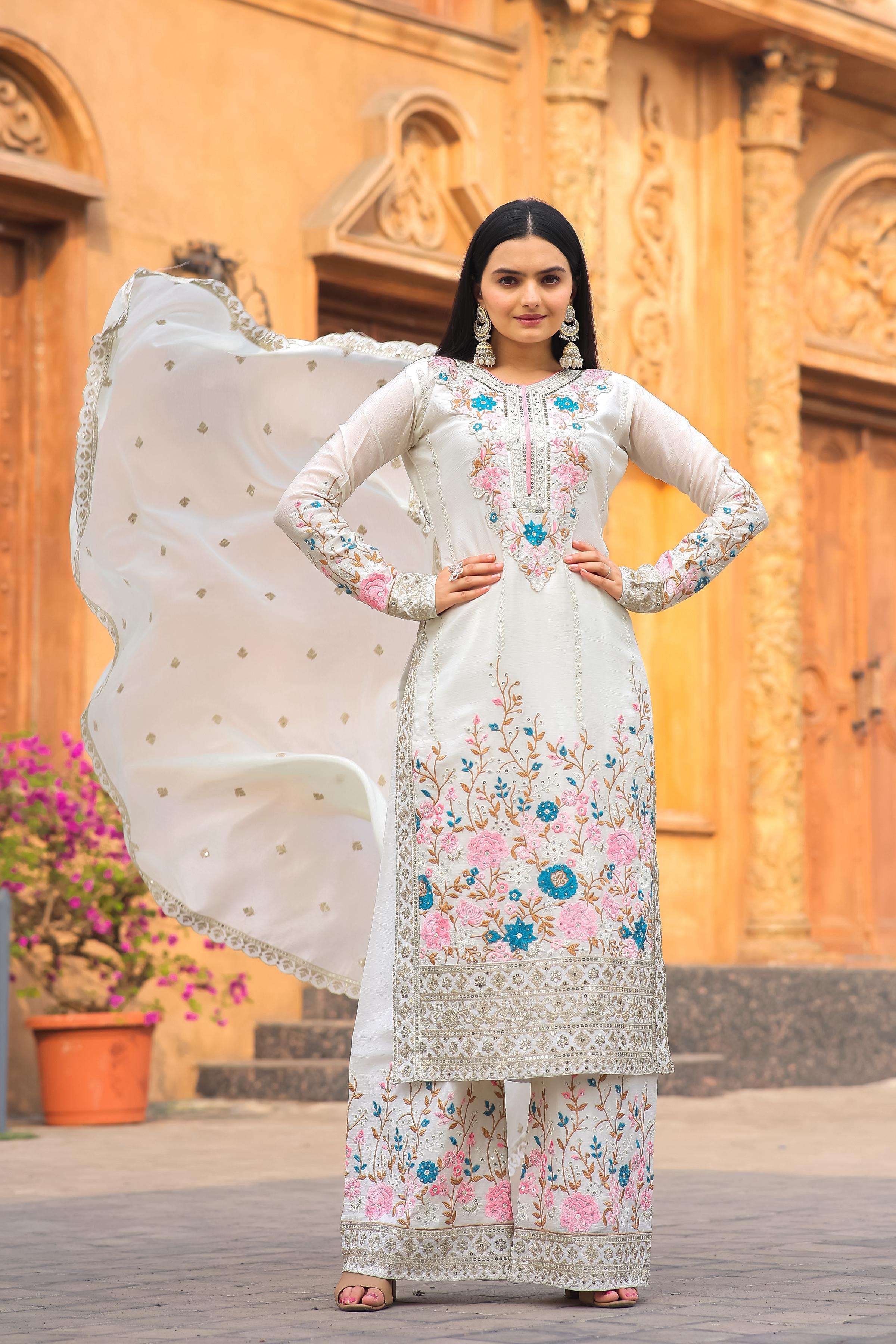 AD 140 SILK HEAVY EMBROIDERD DESIGNER TOP PLAZZO AND DUPATTA SET 