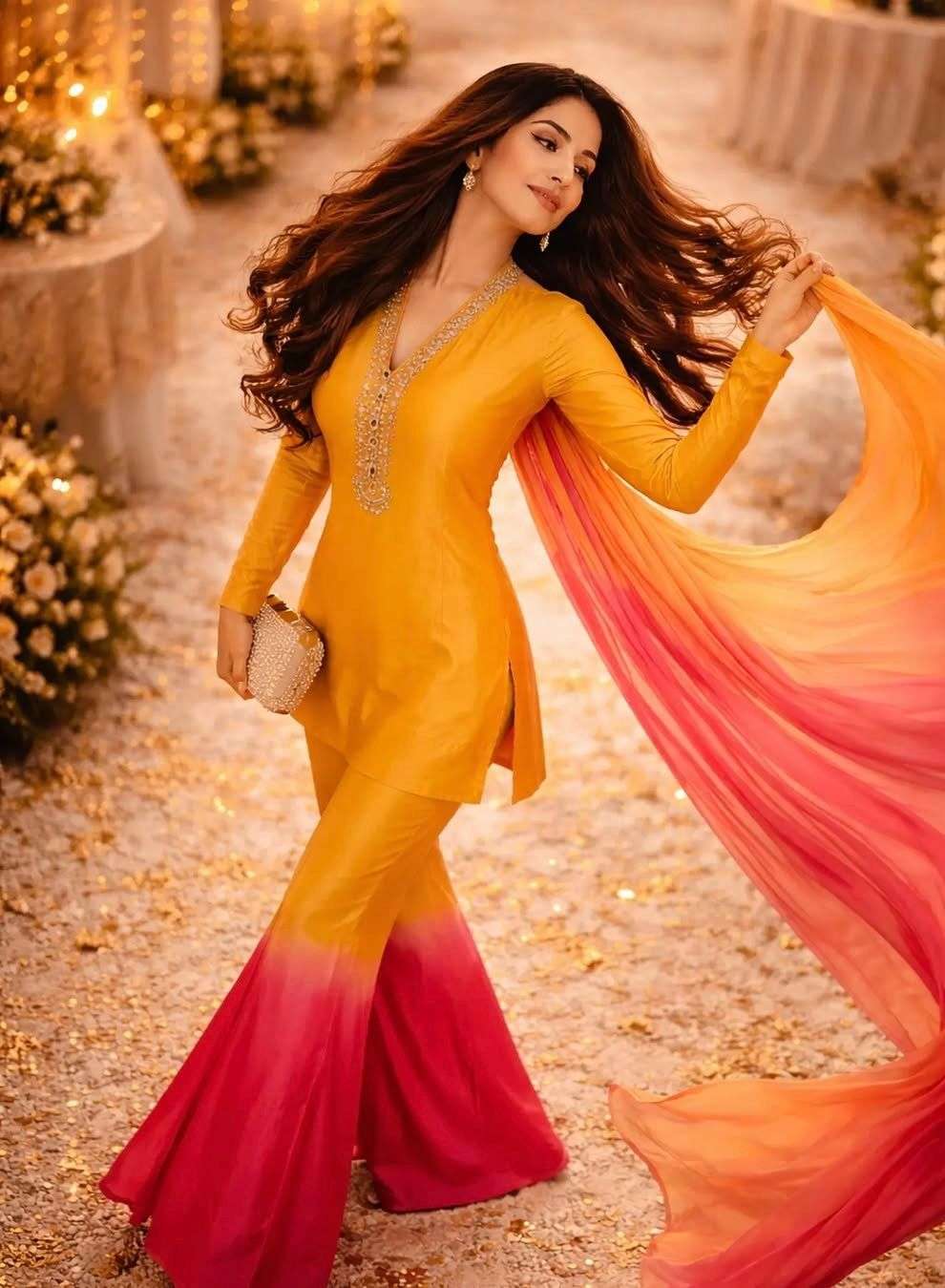 AD 228 SHADED FABRIC PREETY PARTY WEAR LOOK DESIGNER LADIES TOP PLAZZO AND DUPATTA SET 