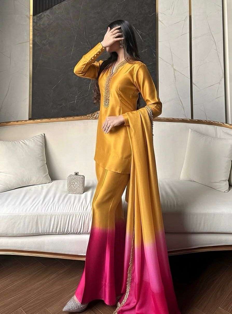 AD 228 SHADED FABRIC PREETY PARTY WEAR LOOK DESIGNER LADIES TOP PLAZZO AND DUPATTA SET 