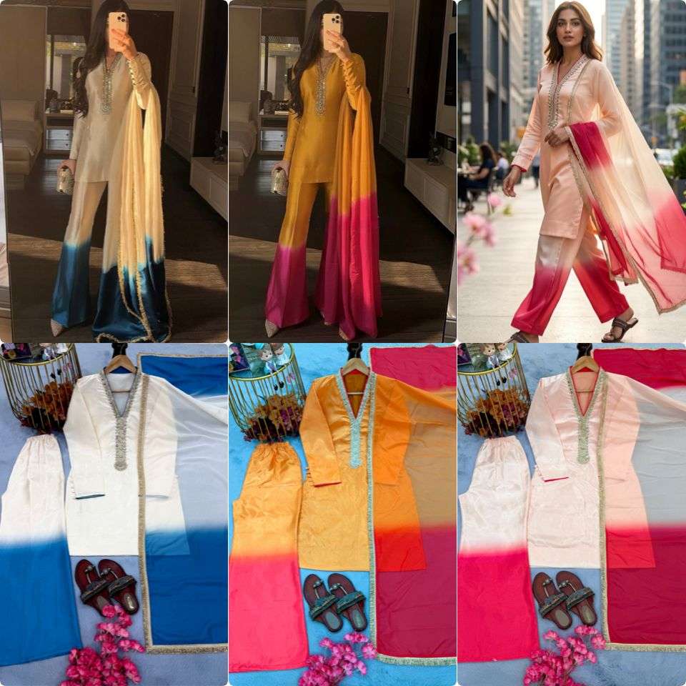 AD 228 SHADED FABRIC PREETY PARTY WEAR LOOK DESIGNER LADIES TOP PLAZZO AND DUPATTA SET 