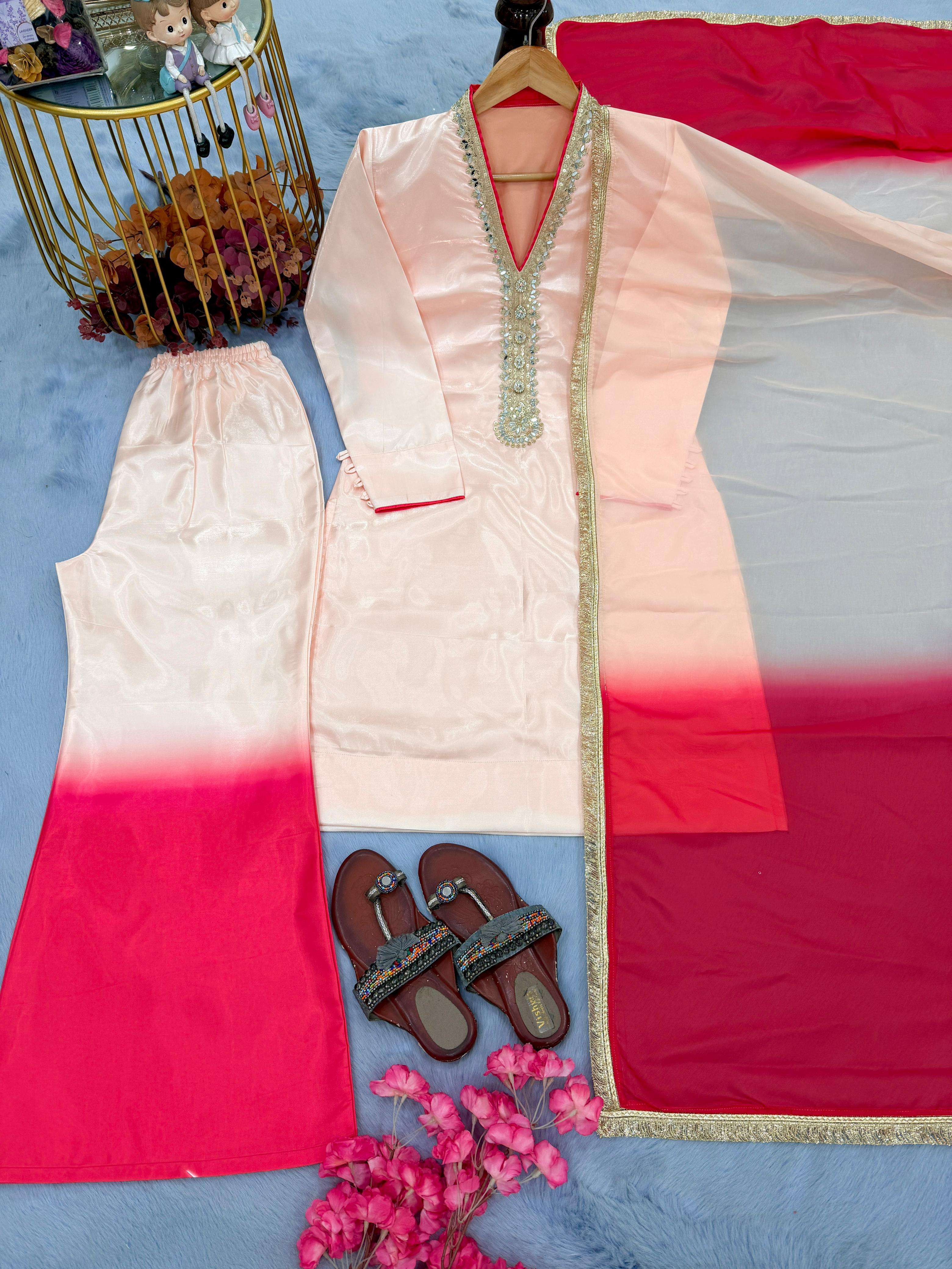 AD 228 SHADED FABRIC PREETY PARTY WEAR LOOK DESIGNER LADIES TOP PLAZZO AND DUPATTA SET 