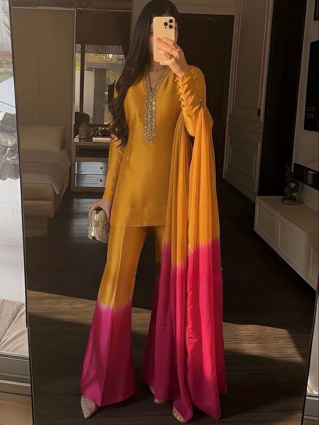 AD 228 SHADED FABRIC PREETY PARTY WEAR LOOK DESIGNER LADIES TOP PLAZZO AND DUPATTA SET 