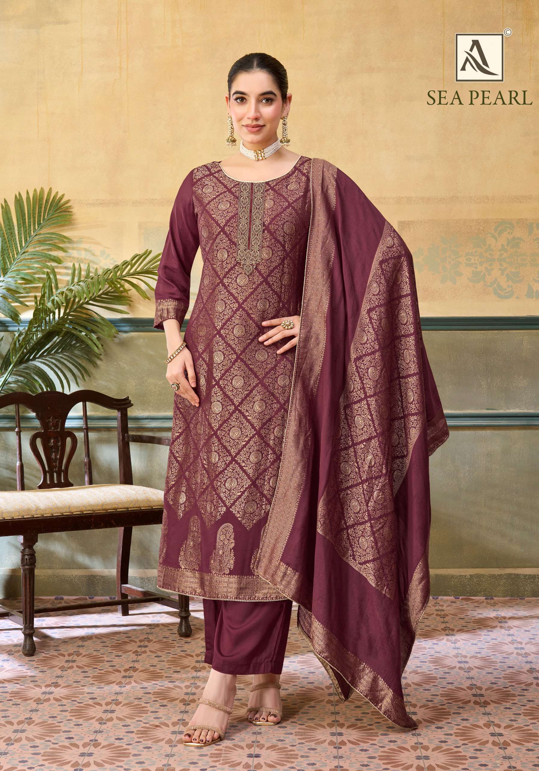 ALOK SUITS SEA PEARL MUSLIN JACQUARD DESIGNER WORK SUIT