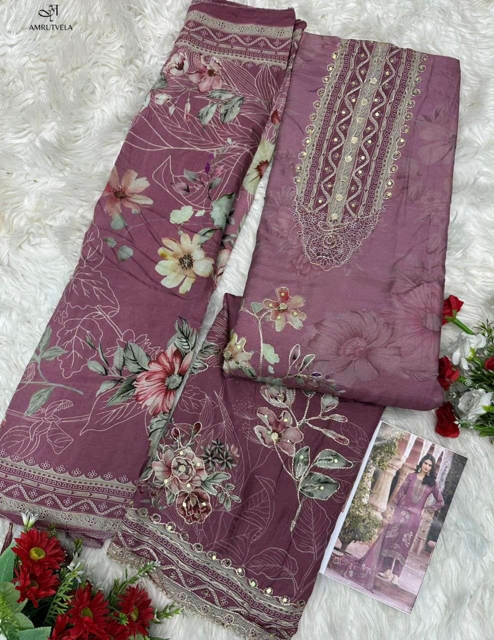 AMRUTVELA AT 209 VISCOSE DIGITAL PRINT WITH HAND WORK DESIGNER SUIT