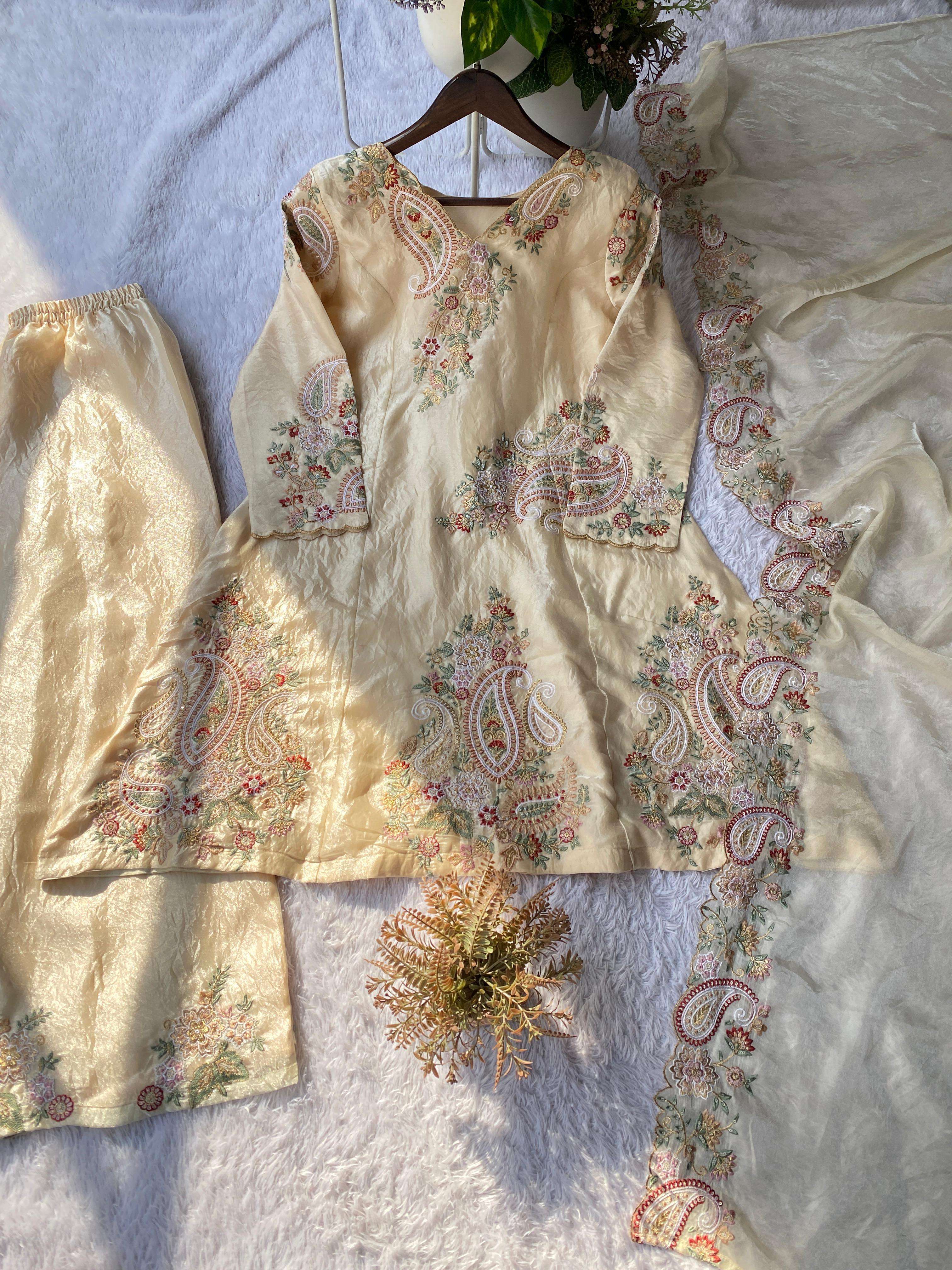 BE 449 SILK HEAVY DESIGNER WORK TOP PLAZZO AND DUPATTA SET