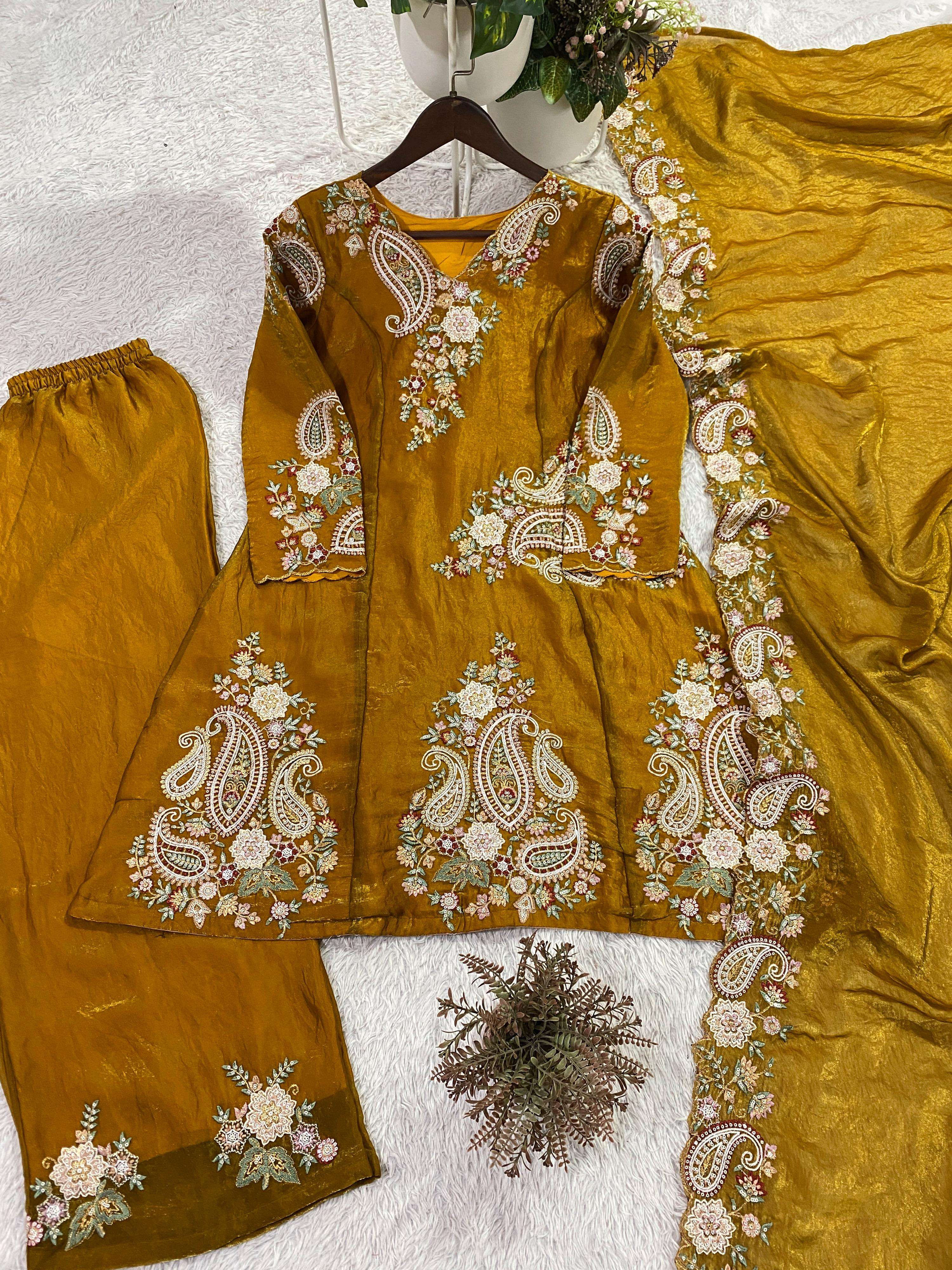 BE 449 SILK HEAVY DESIGNER WORK TOP PLAZZO AND DUPATTA SET