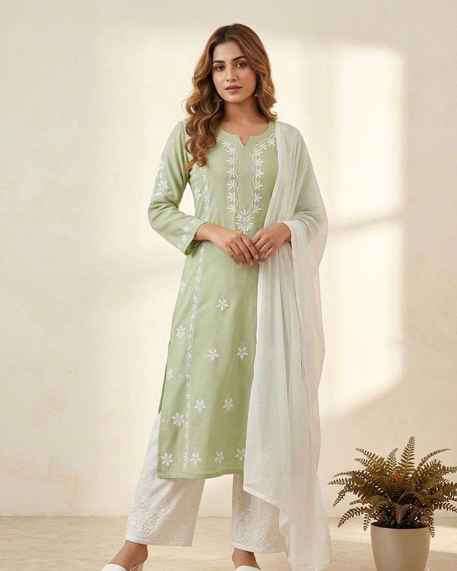 BE 463 FANCY CHIKANKARI WORK PREETY LOOK DESIGNER LADIES TOP PLAZZO AND DUPATTA SET 