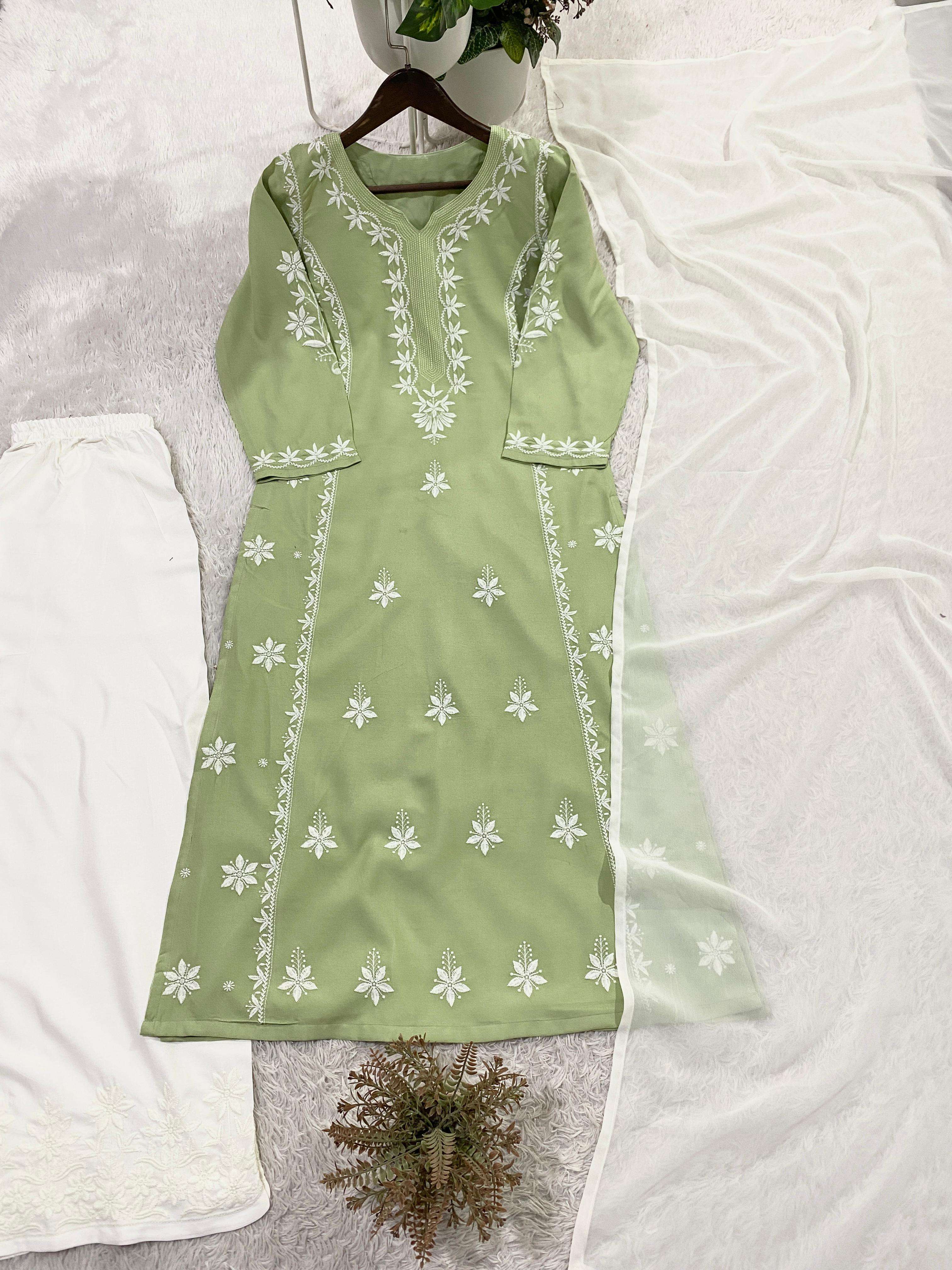 BE 463 FANCY CHIKANKARI WORK PREETY LOOK DESIGNER LADIES TOP PLAZZO AND DUPATTA SET 