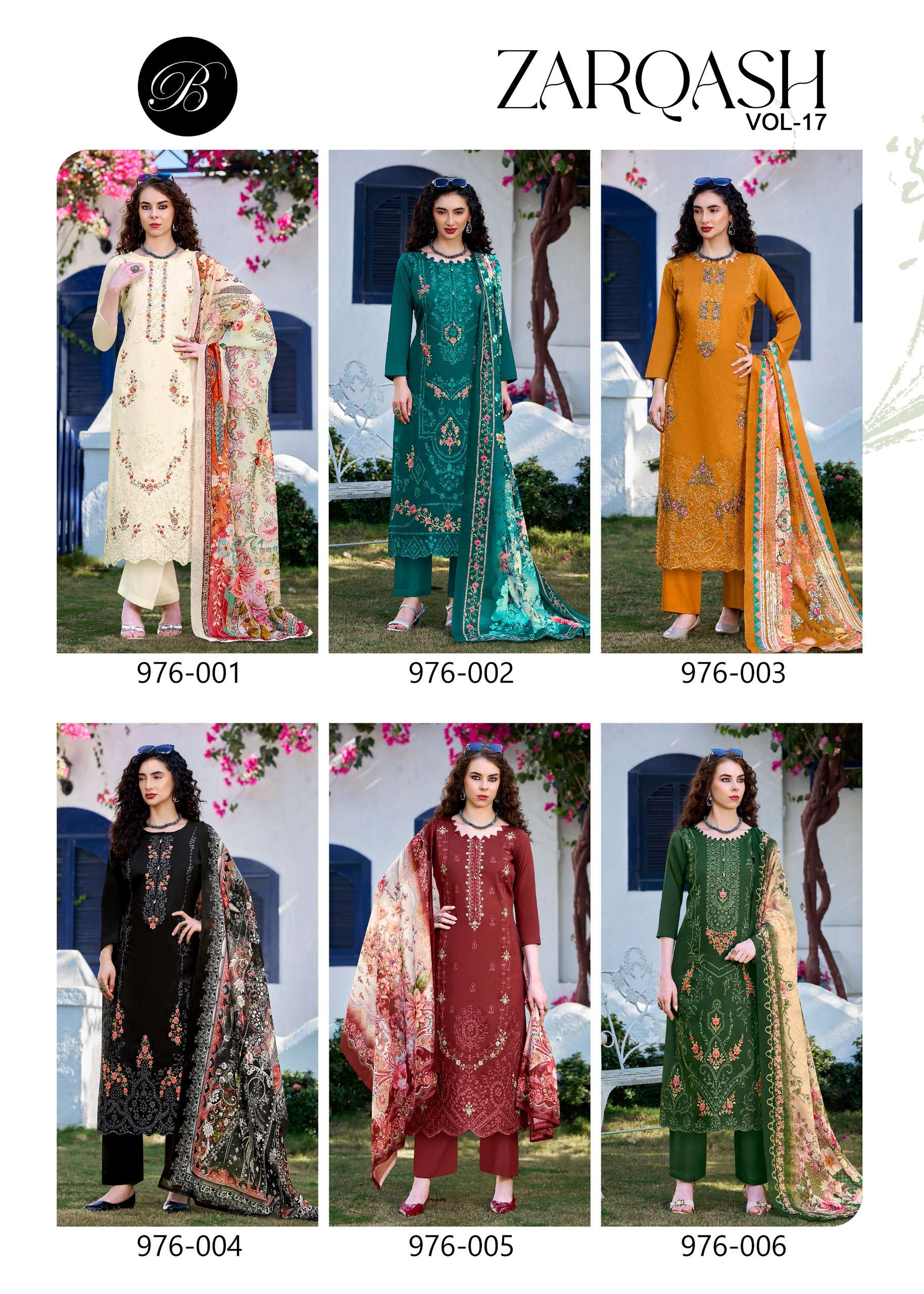 BELLIZA DESIGNER STUDIO ZARQASH VOL 17 JAM COTTON FANCY EMBROIDERY WORK SUITS	