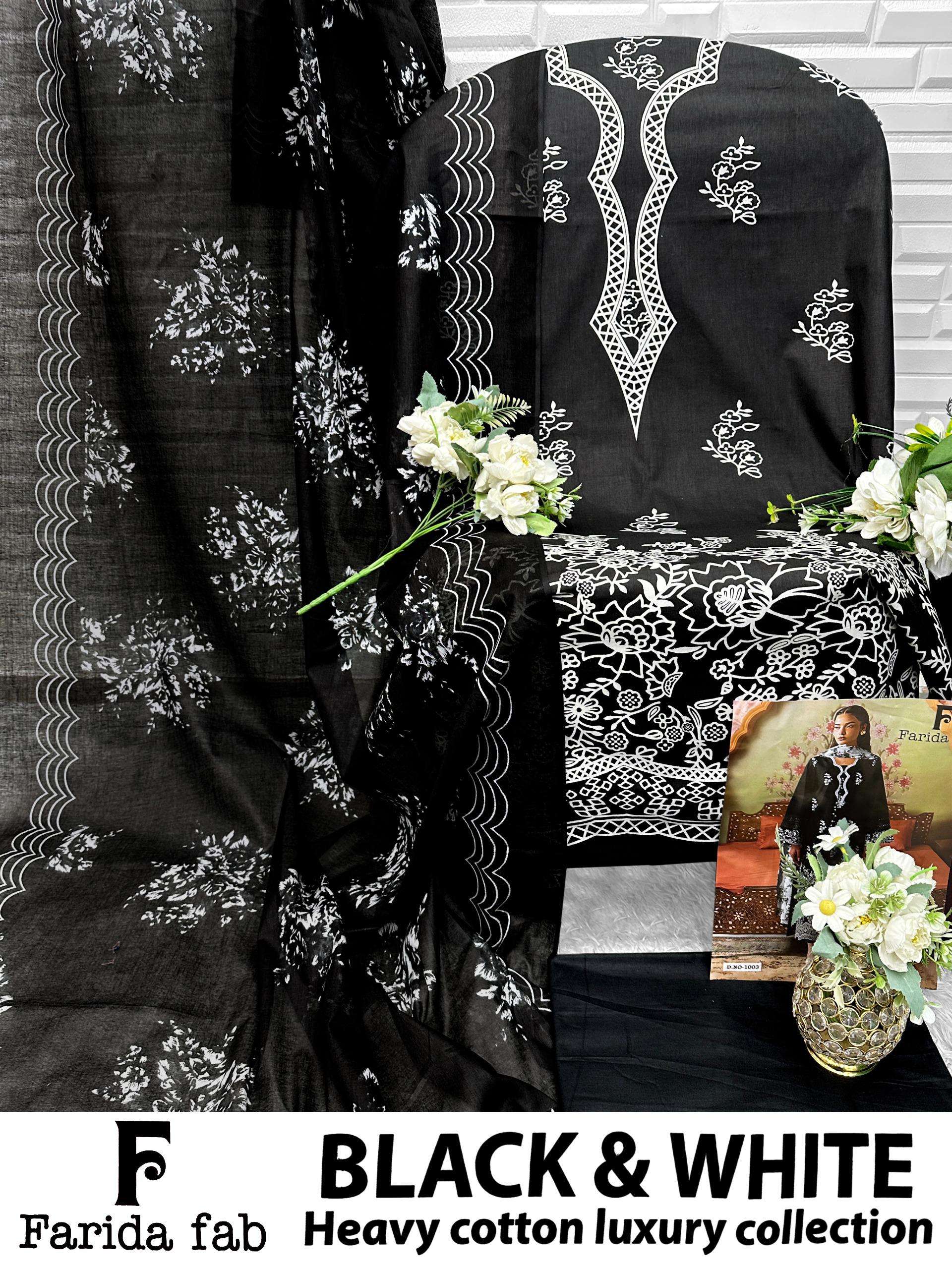FARIDA FAB BLACK AND WHITE HEAVY LUXURY LAWN COLLECTION COTTON DIGITAL PRINTS SALWAR SUIT