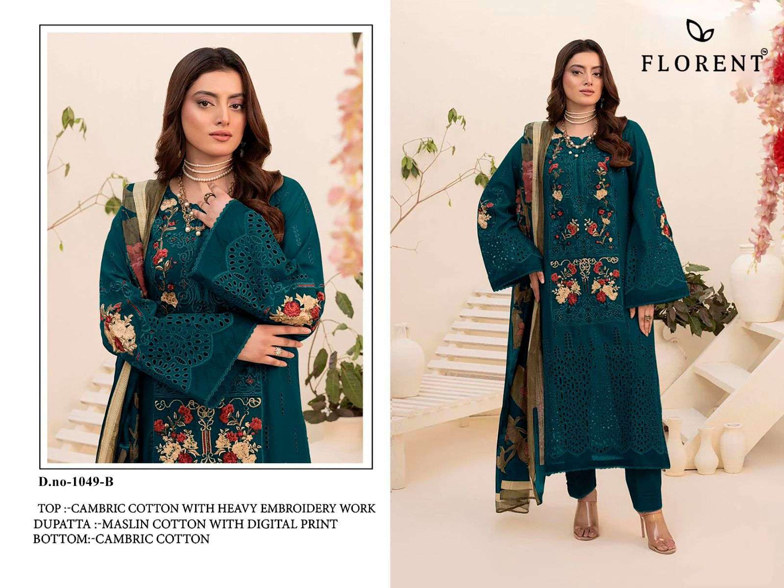 FLORENT TM DESIGN NO - 1049 ABCD CAMBRIC COTTON HEAVY CHIKANKARI EMBROIDERED WORK PAKISTANI SALWAR SUIT