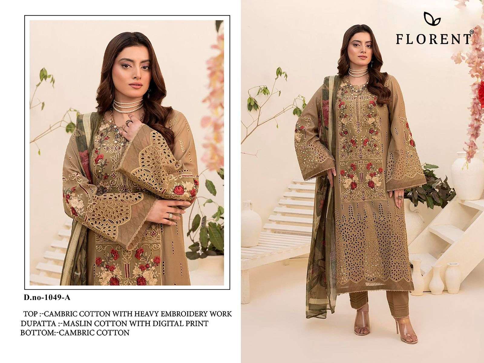FLORENT TM DESIGN NO - 1049 ABCD CAMBRIC COTTON HEAVY CHIKANKARI EMBROIDERED WORK PAKISTANI SALWAR SUIT