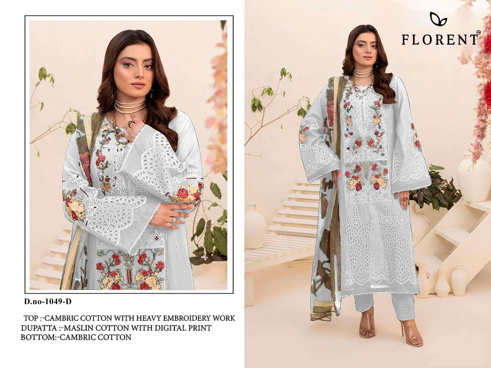 FLORENT TM DESIGN NO - 1049 ABCD CAMBRIC COTTON HEAVY CHIKANKARI EMBROIDERED WORK PAKISTANI SALWAR SUIT
