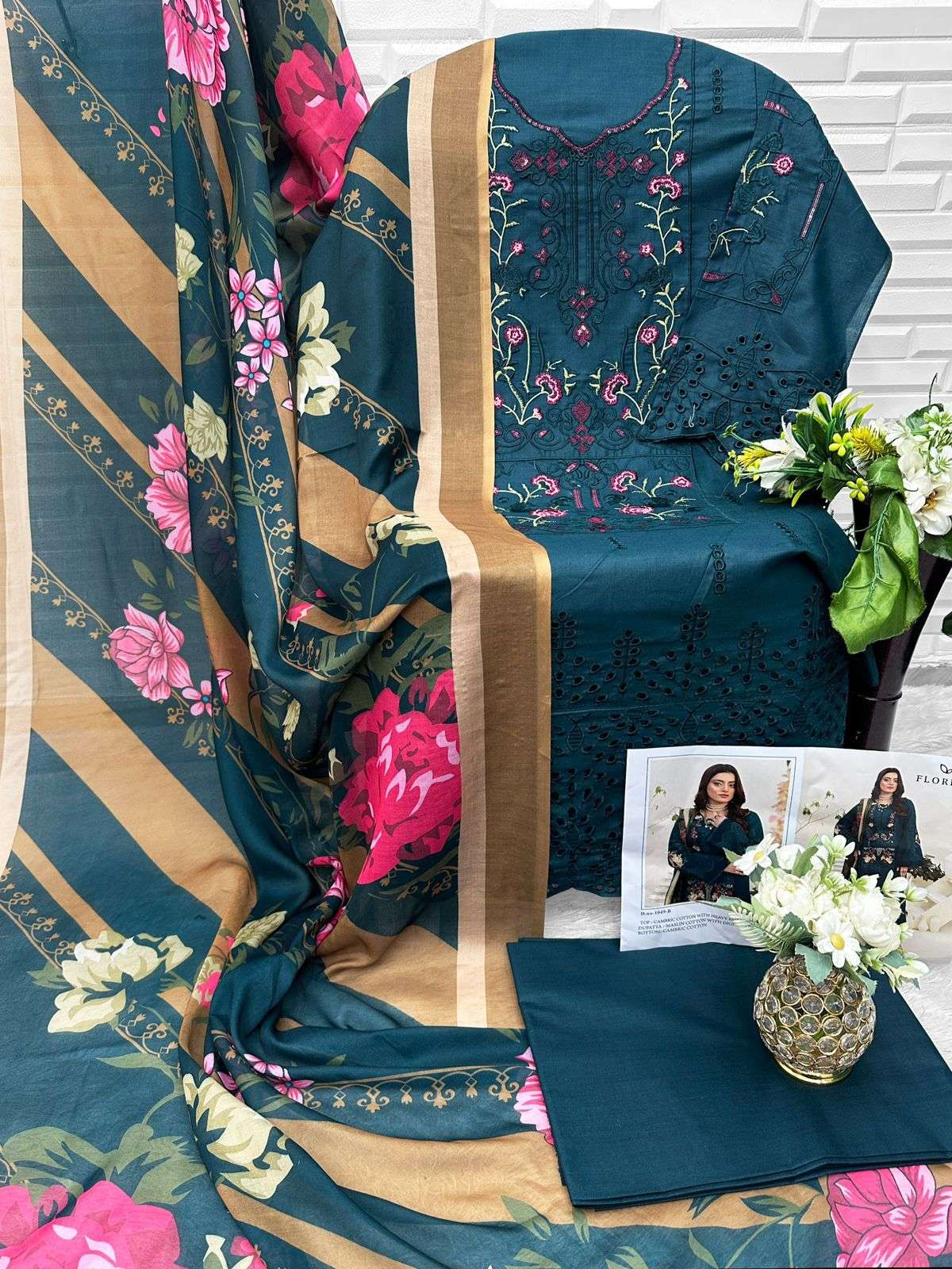 FLORENT TM DESIGN NO - 1049 ABCD CAMBRIC COTTON HEAVY CHIKANKARI EMBROIDERED WORK PAKISTANI SALWAR SUIT