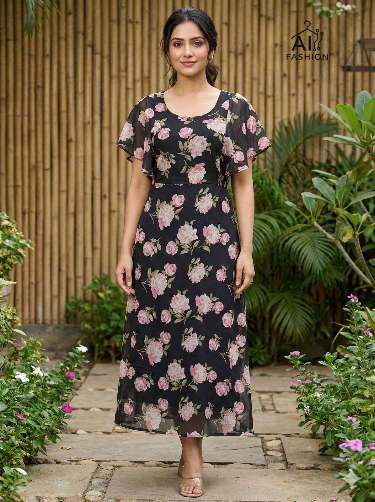 INLI TROPICAL GEORGETTE PRINT FANCY SUMMER WEAR LADIES ONE PIECE GOWN DRESS 