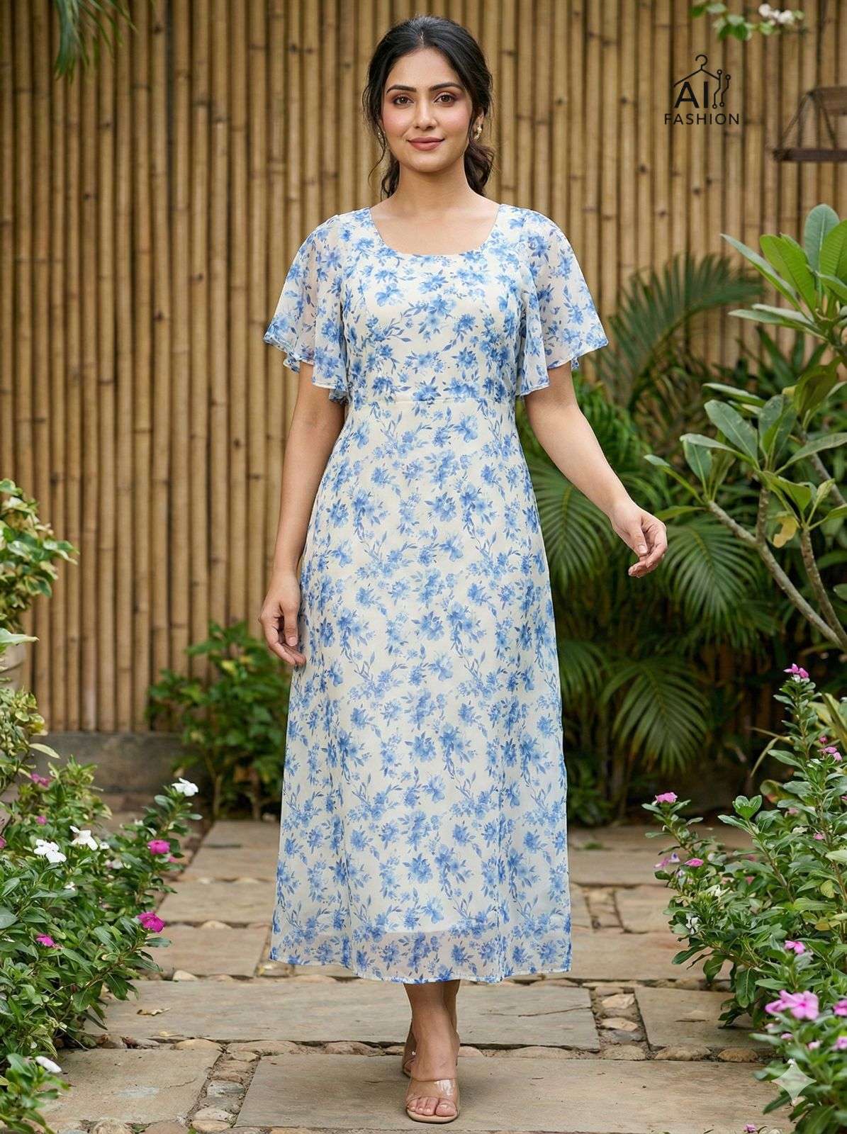 INLI TROPICAL GEORGETTE PRINT FANCY SUMMER WEAR LADIES ONE PIECE GOWN DRESS 