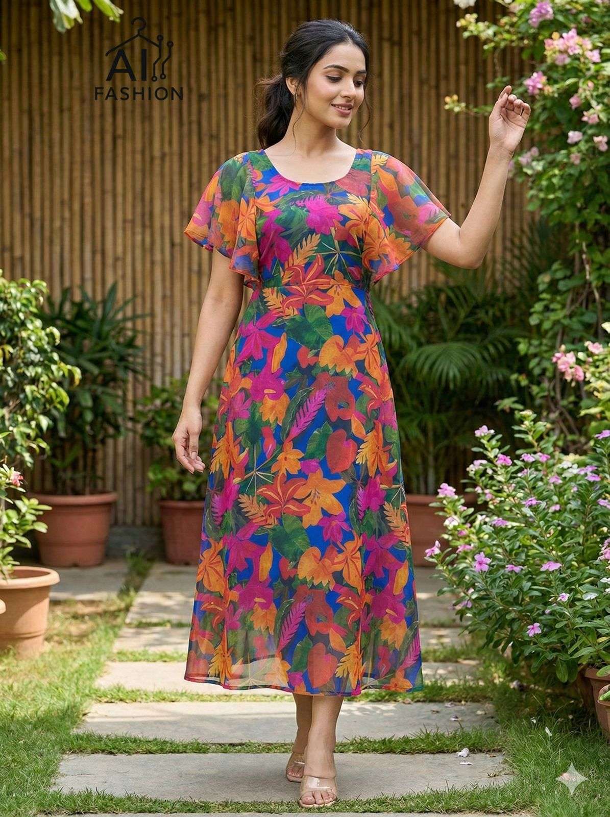 INLI TROPICAL GEORGETTE PRINT FANCY SUMMER WEAR LADIES ONE PIECE GOWN DRESS 