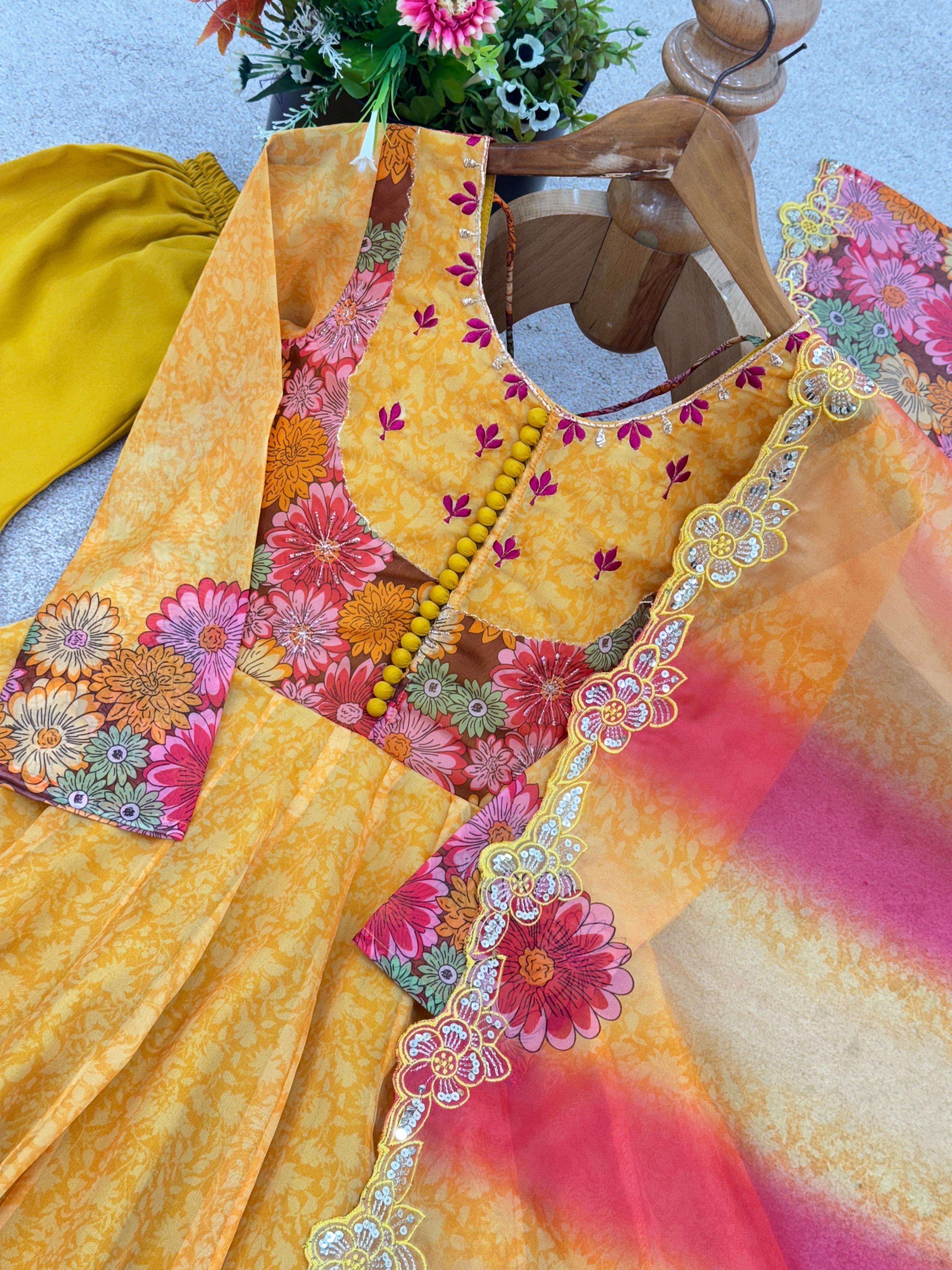 JF 030 ORGANZA DIGITAL PRINT WITH FANCY WORK LADIES SUITS AT GOWN BOTTOM AND DUPATTA SET 