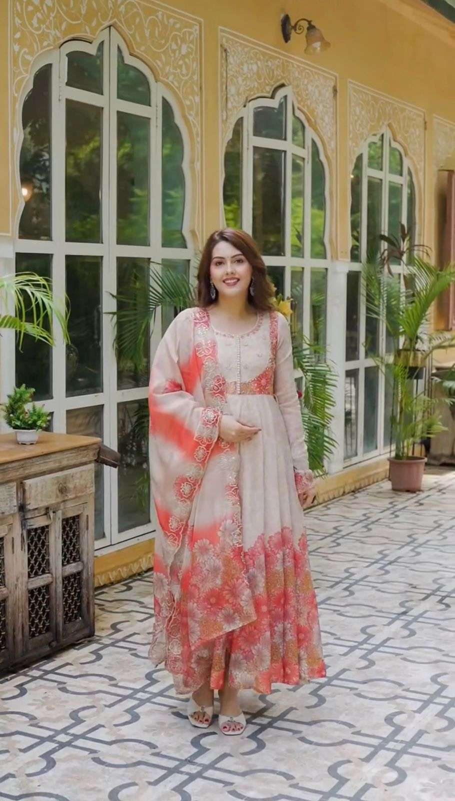 JF 030 ORGANZA DIGITAL PRINT WITH FANCY WORK LADIES SUITS AT GOWN BOTTOM AND DUPATTA SET 