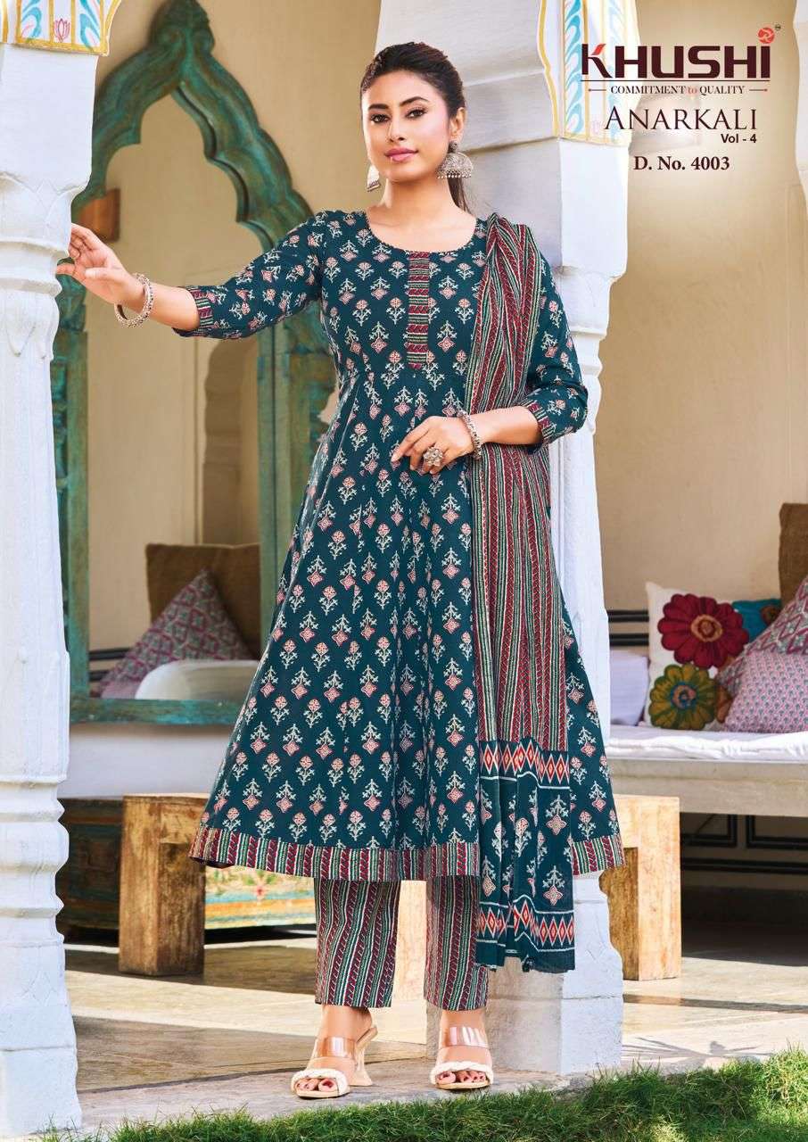 KHUSHI ANARKALI VOL 4 COTTON PRINTED LADIES KURTI PANT WITH DUPATTA SET 
