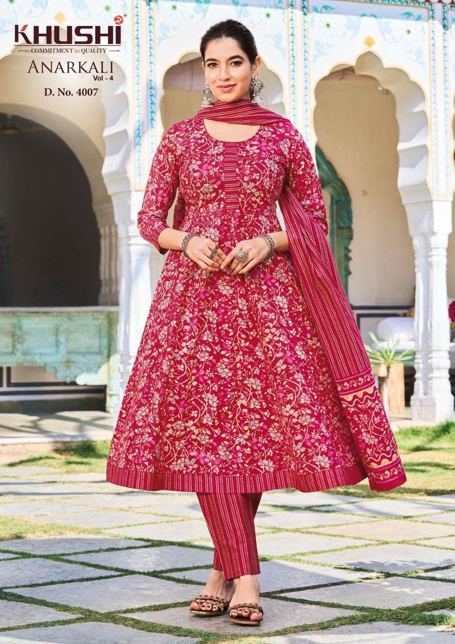 KHUSHI ANARKALI VOL 4 COTTON PRINTED LADIES KURTI PANT WITH DUPATTA SET 
