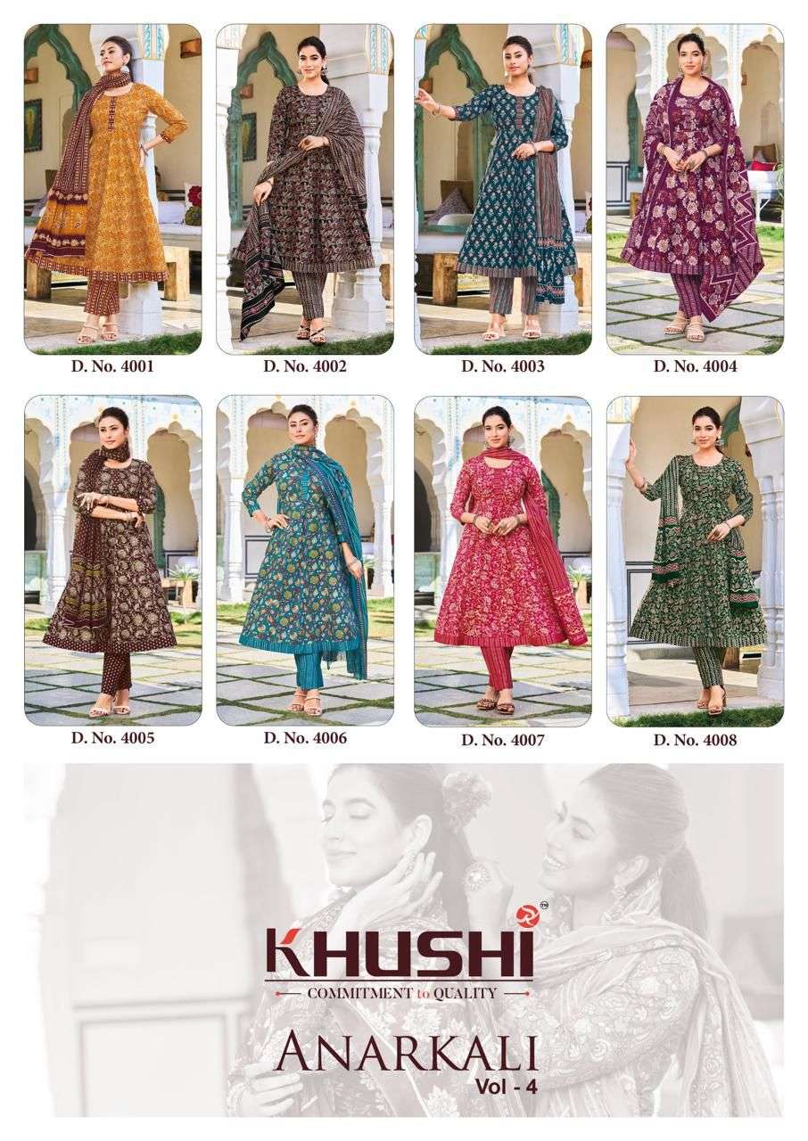 KHUSHI ANARKALI VOL 4 COTTON PRINTED LADIES KURTI PANT WITH DUPATTA SET 