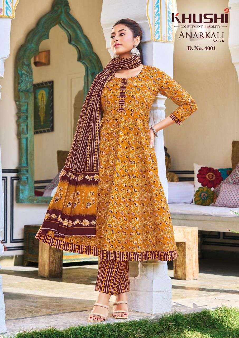 KHUSHI ANARKALI VOL 4 COTTON PRINTED LADIES KURTI PANT WITH DUPATTA SET 
