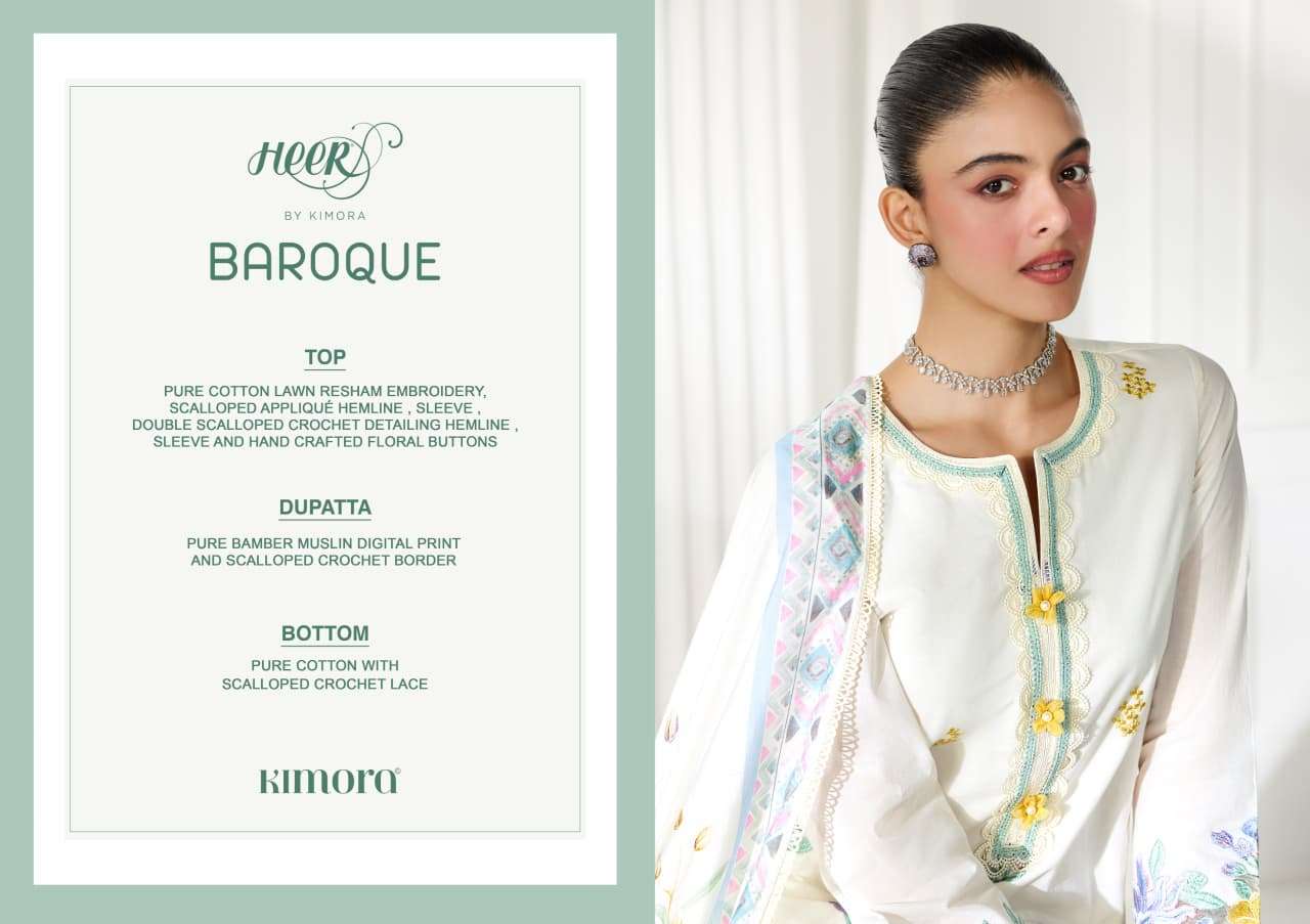 KIMORA HEER BAROQUE LAWN COTTON DIGITAL PRINT EMBROIDERY DESIGNER WORK SUIT
