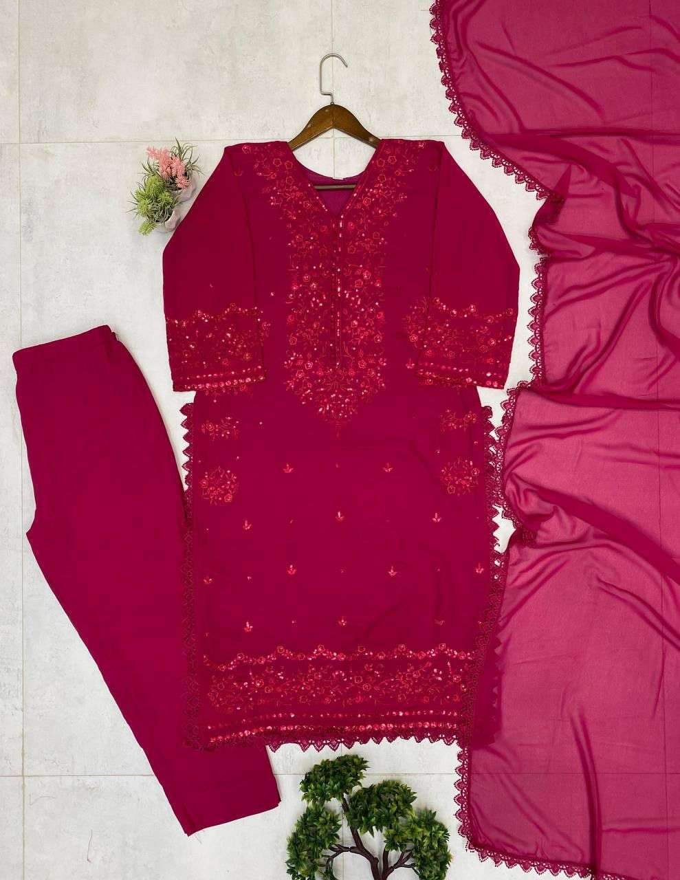LG 2002 GEORGETTE SEQUENCE EMBROIDERY DESIGNER WORK 3 PIECE SET COLLECTION 
