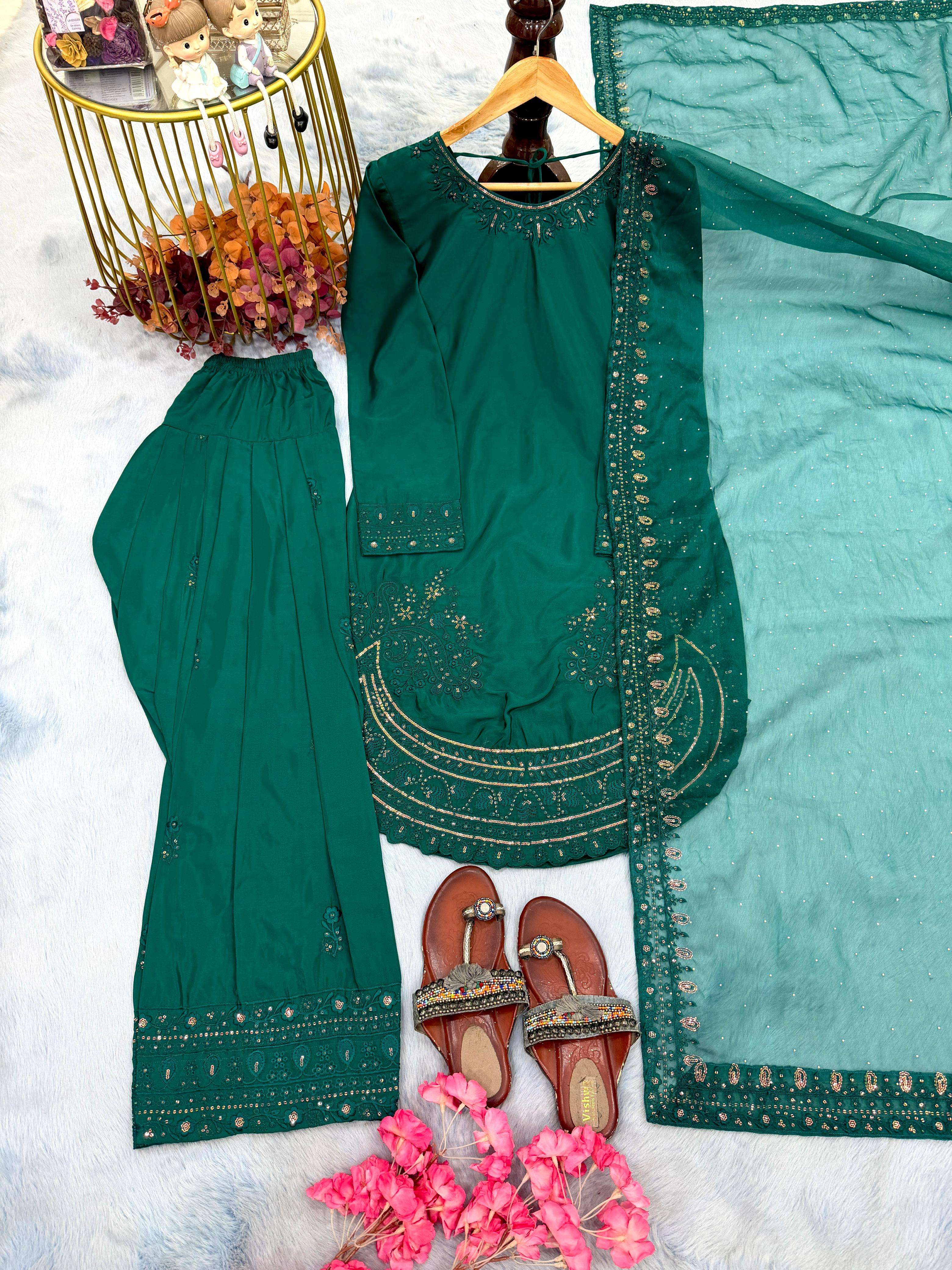 PD 1143 CREPE SILK FANCY PARTY WEAR LOOK TOP FARSHI PLAZZO AND DUPATTA 