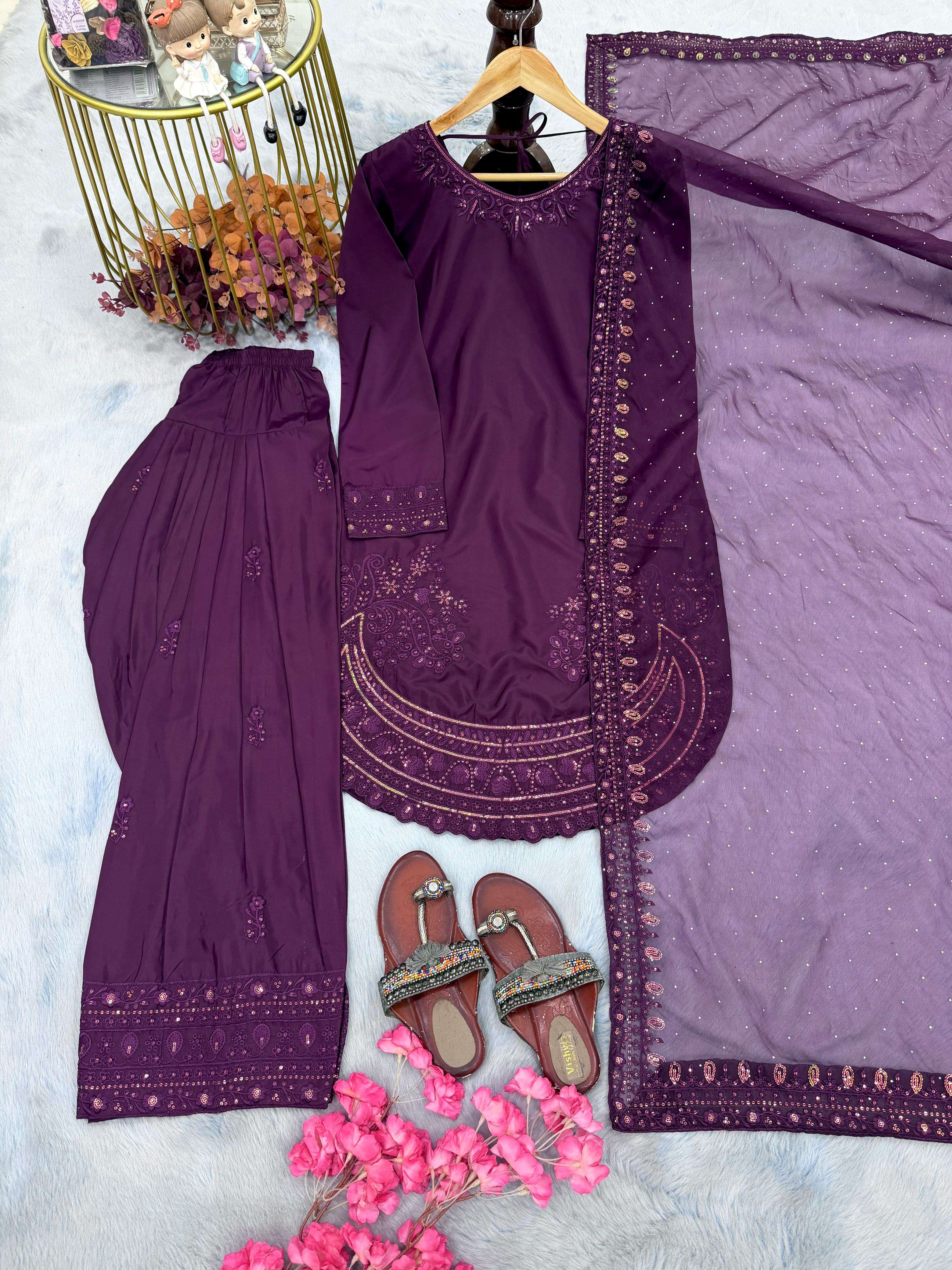 PD 1143 CREPE SILK FANCY PARTY WEAR LOOK TOP FARSHI PLAZZO AND DUPATTA 